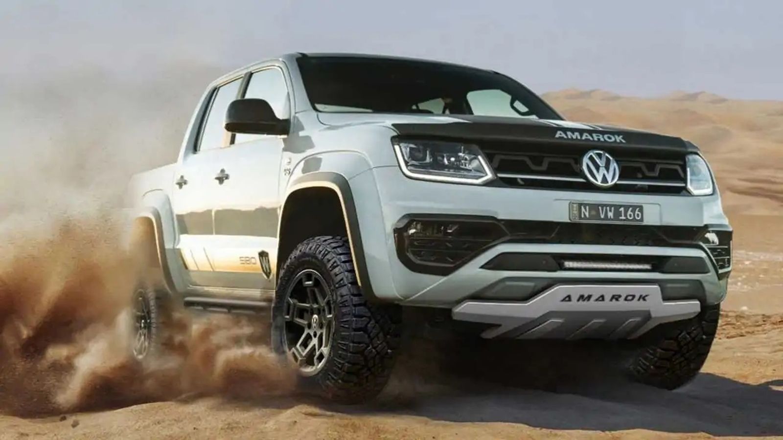 Το νέο VW Amarok W580X διαθέτει ένα κιτ ανύψωσης της ανάρτησής του, αναβαθμισμένα αμορτισέρ, σφυρήλατους τροχούς 18 ιντσών με all-terrain ελαστικά και
