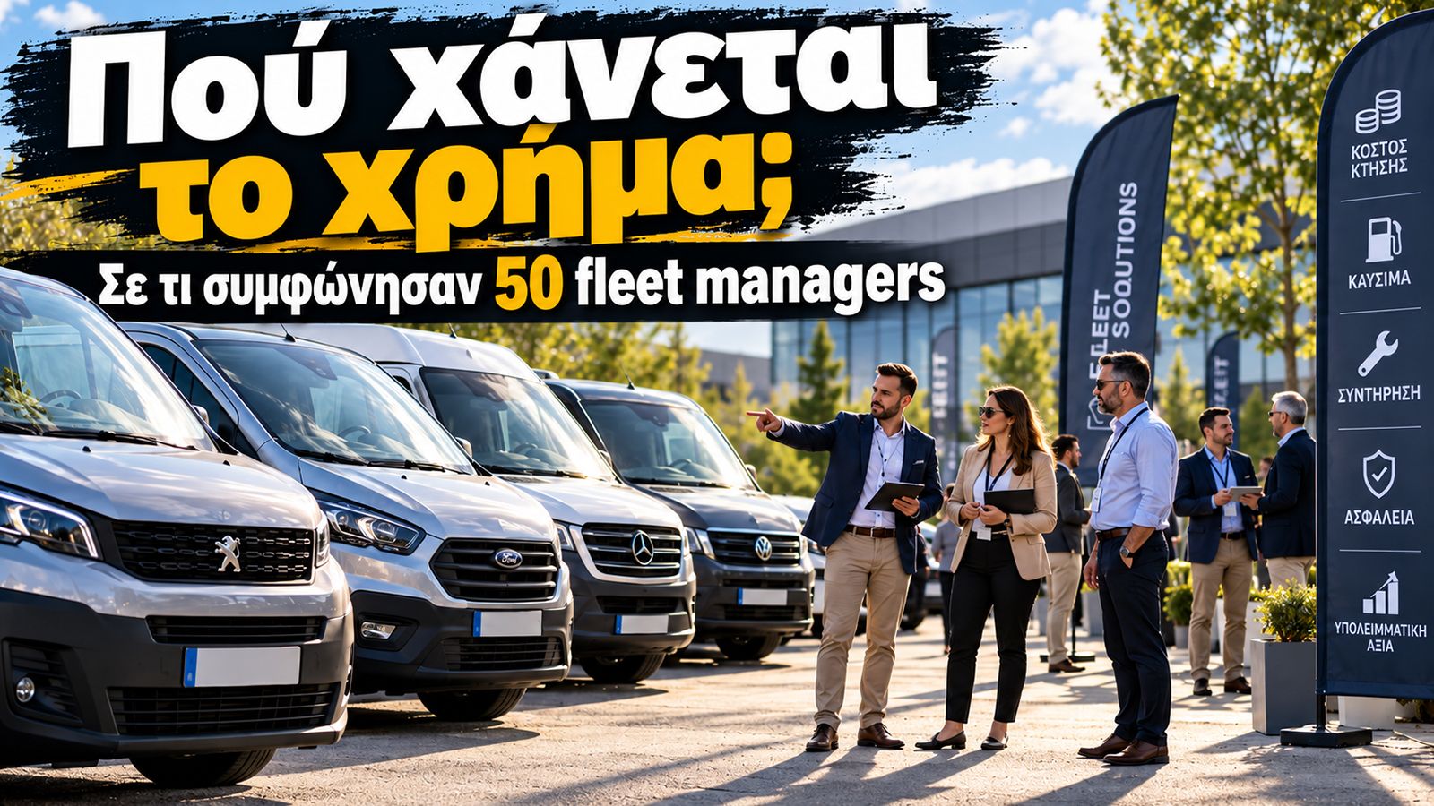 Fleet managers σε εκδήλωση επαγγελματικών οχημάτων συζητούν μπροστά από σειρά van και ηλεκτρικά οχήματα.