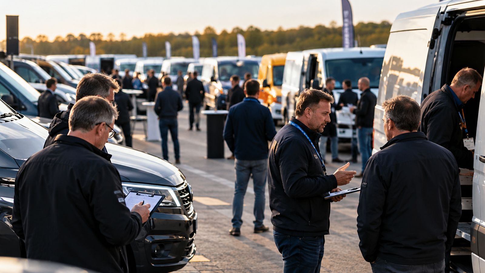 Fleet manager ελέγχει στοιχεία κόστους και χρήσης μπροστά από στόλο επαγγελματικών van.