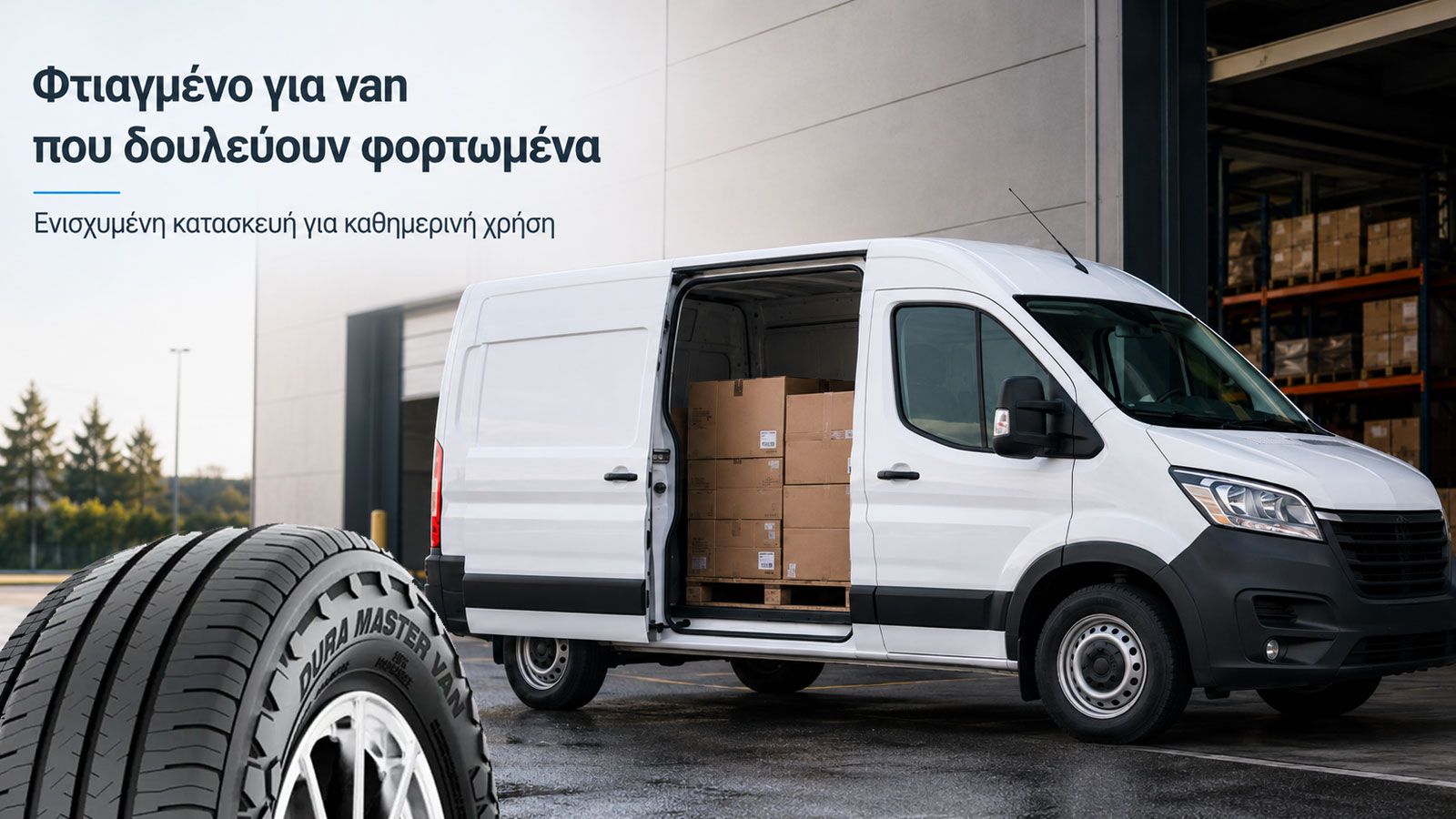 Ελαστικό Linglong Dura Master Van: άσπρο Van με ανοικτή πλευρική πόρτα και σε ένθεση το ελαστικό που φορά.