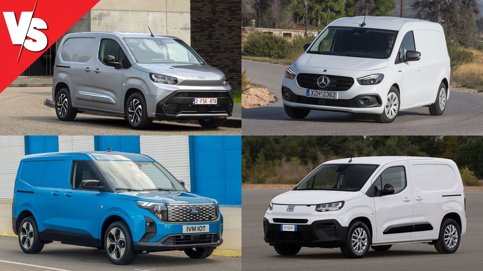 Μικρά e-Vans πόλης: Μίξη Ford E-Transit Courier, Fiat E-Doblo, Mercedes-Benz eCitan, Toyota Proace City BEV, εμπρός 3/4
