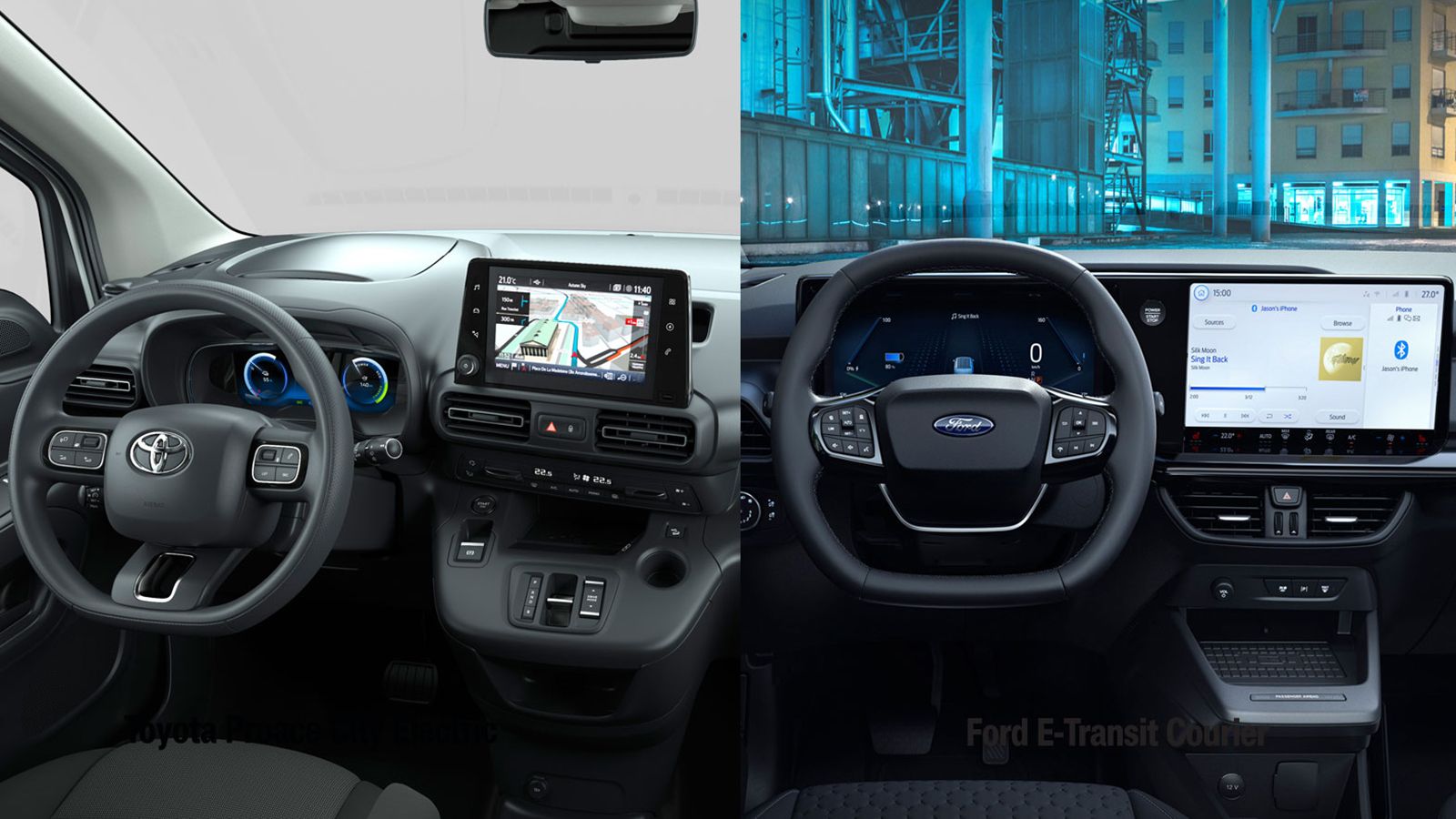 Μίξη εικόνων Ford E-Transit Courier & Toyota Proace City BEV: εσωτερικό καμπίνας επιβατών