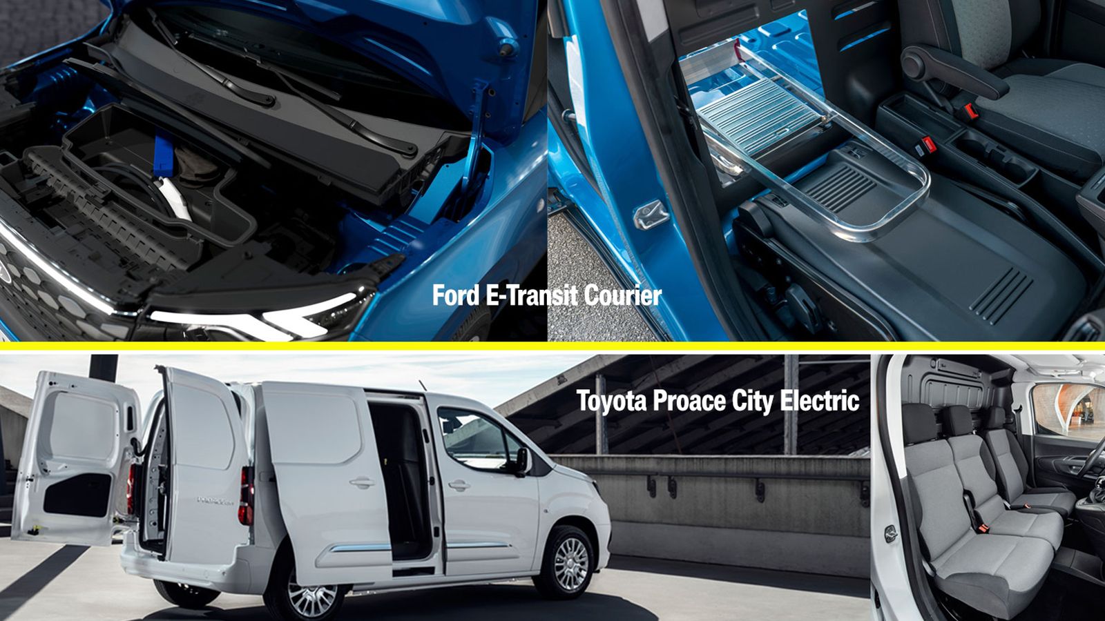 Μίξη εικόνων Ford E-Transit Courier & Toyota Proace City BEV: frunk, smart cargo, θέσεις επιβατών, χώρος φόρτωσης