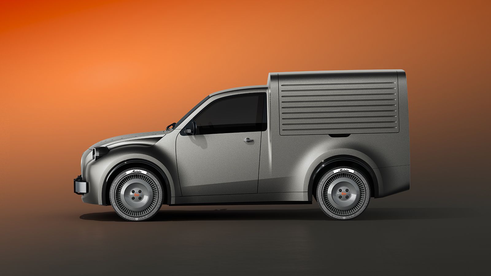 Πλαϊνή φωτογραφία του Citroen 2CV Fourgonnette concept σε πορτοκαλί φόντο, που δείχνει τις χαρακτηριστικές αυλακώσεις στο πίσω μέρος και τις retro ζάν