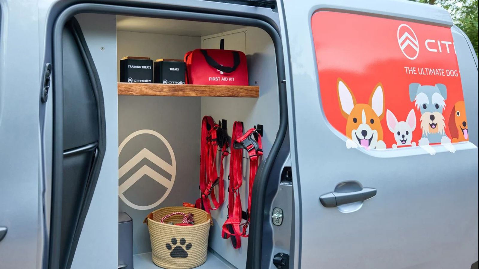 Χώρος αποθήκευσης του Citroen Pawlingo με λουριά, σαμαράκια, λιχουδιές και κιτ πρώτων βοηθειών.