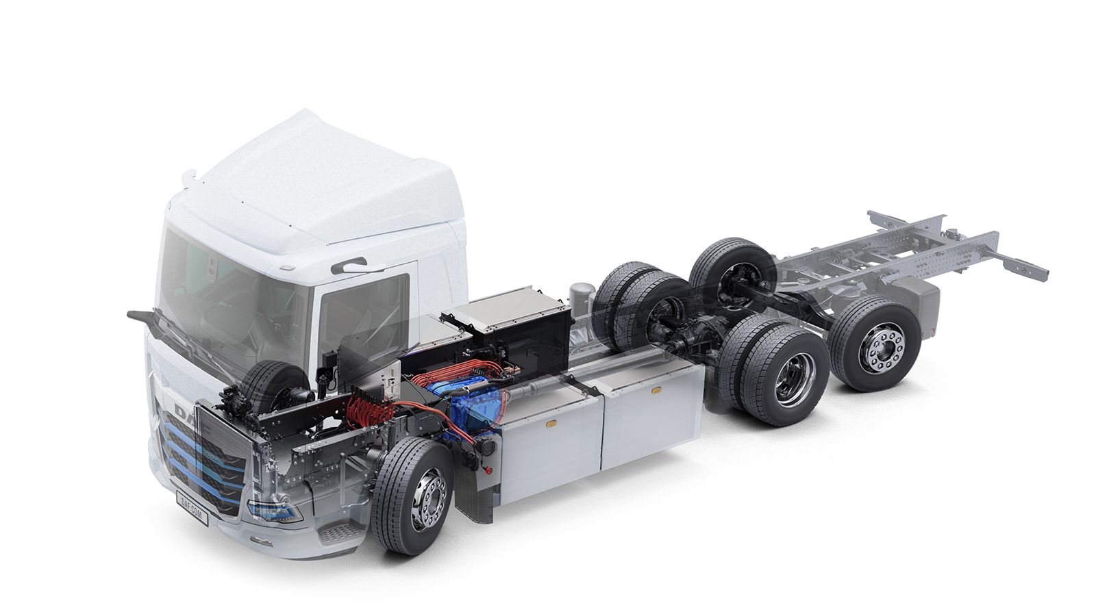 Διαφανές DAF XD Electric με ορατές μπαταρίες και πλαίσιο 