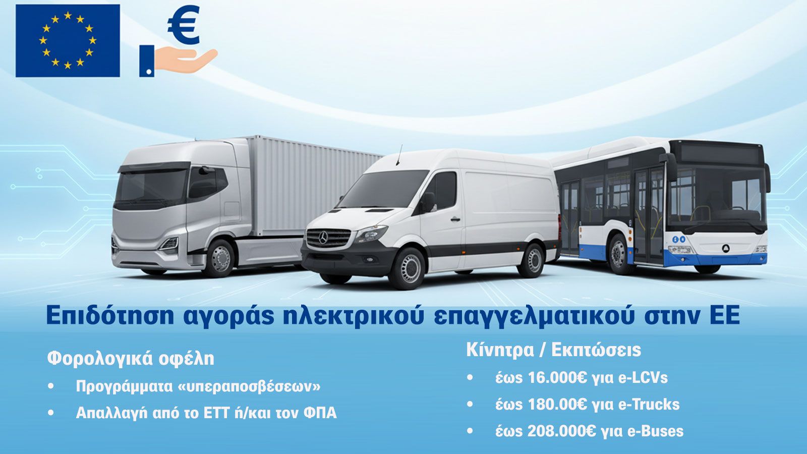 Σύνθεση εικόνων ηλεκτρικού φορτηγού, van και λεωφορείου για τις επιδοτήσεις αγοράς και χρήσης τους στην ΕΕ.