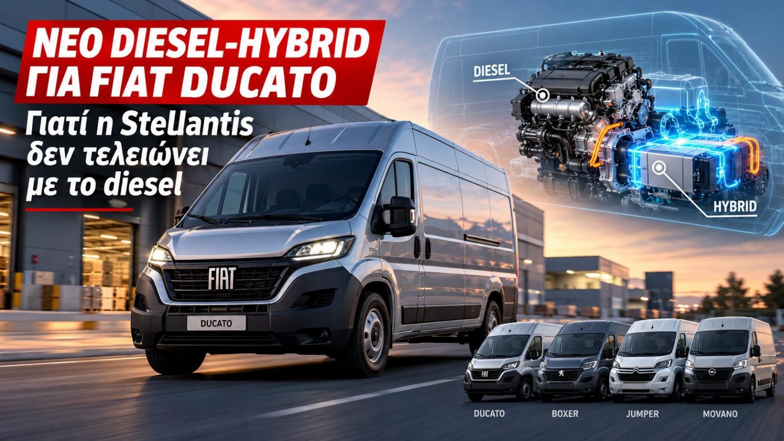 Εικονογραφική σύνθεση με Fiat Ducato, σχηματική απεικόνιση diesel-hybrid συστήματος και τα Ducato, Boxer, Jumper και Movano.
