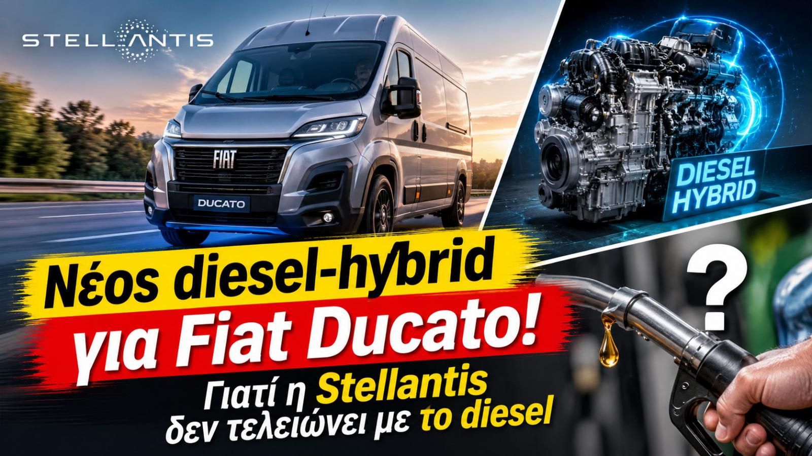 Εικονογραφική σύνθεση με Fiat Ducato στον δρόμο, κινητήρα με ένδειξη diesel-hybrid και ακροφύσιο ανεφοδιασμού πετρελαίου.