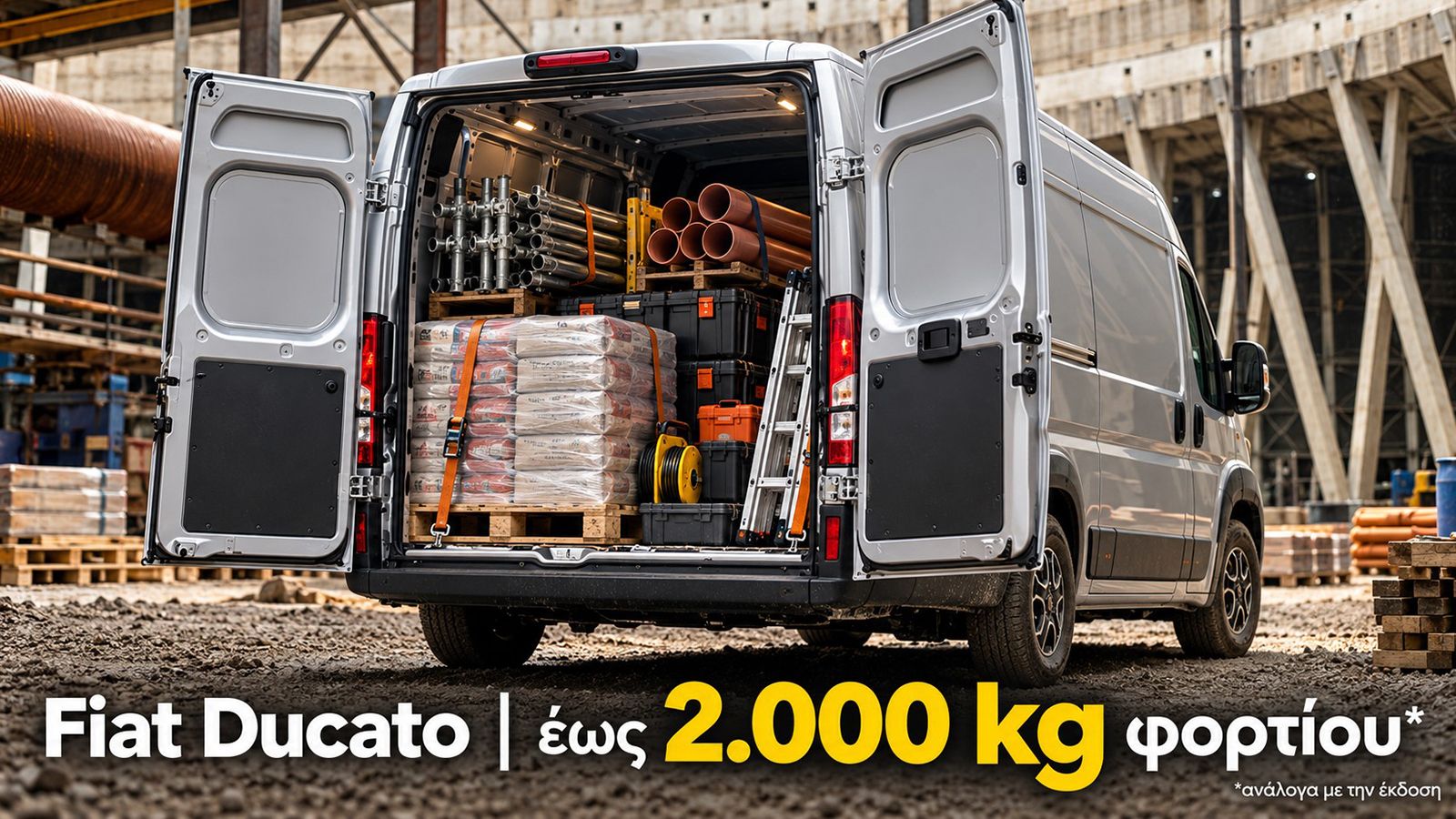Χώρος φόρτωσης Fiat Ducato με παλέτα, σωλήνες, εργαλεία και επαγγελματικό εξοπλισμό