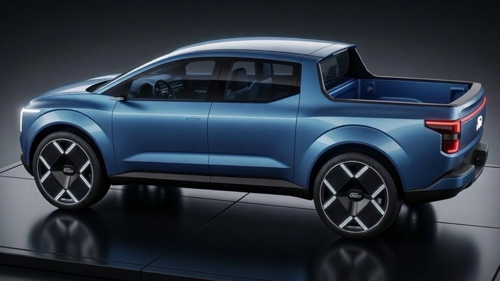 Μπλε Ford Fathom ηλεκτρικό Pick-Up σε πίσω πλάγια όψη