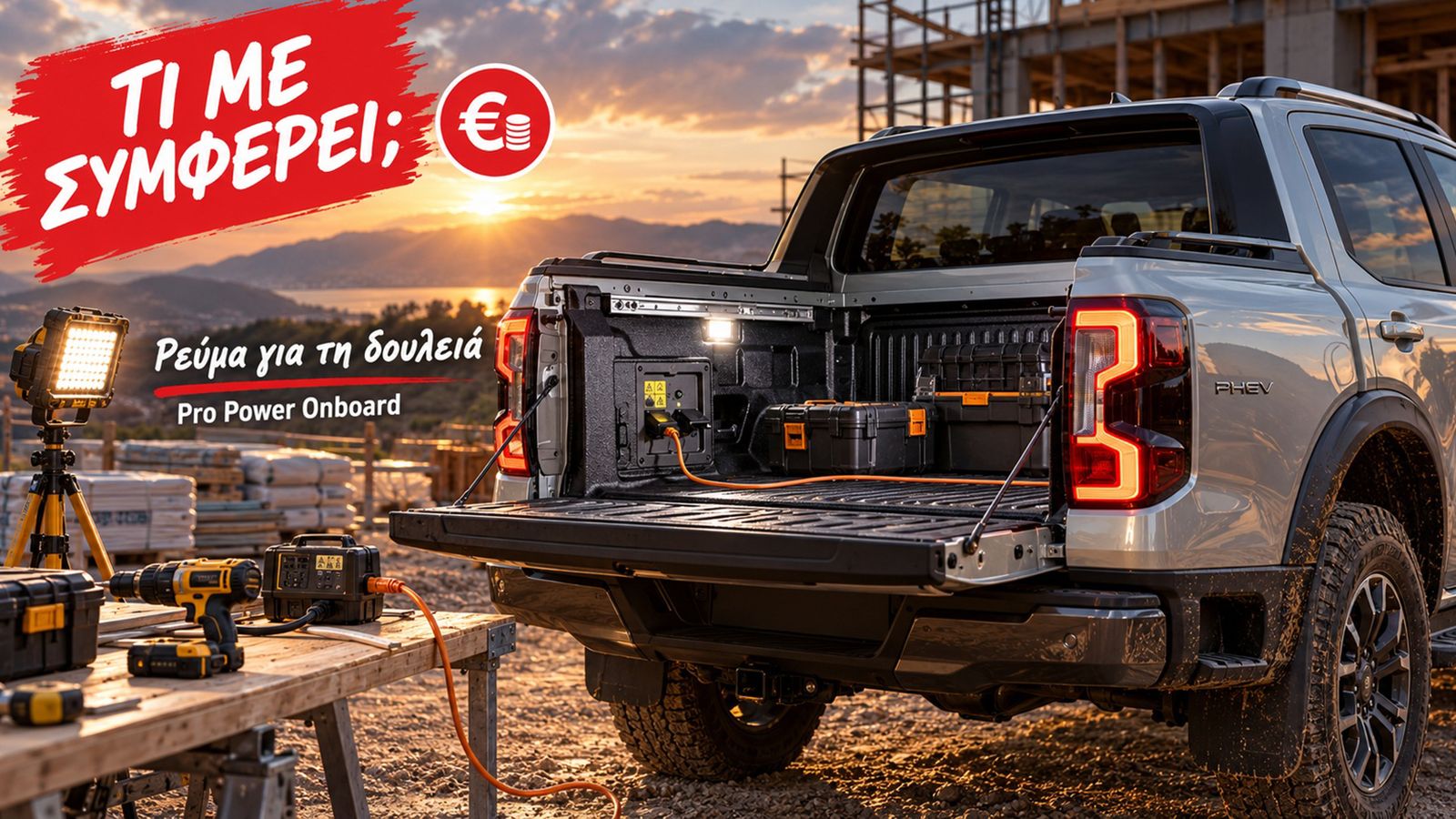Παροχή Pro Power Onboard στην καρότσα Ranger PHEV με συνδεδεμένο εξοπλισμό τεχνικού.