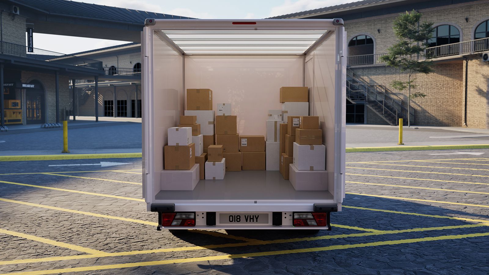 Ανοιχτός χώρος φόρτωσης Ford Transit City box Van με δέματα στο εσωτερικό.