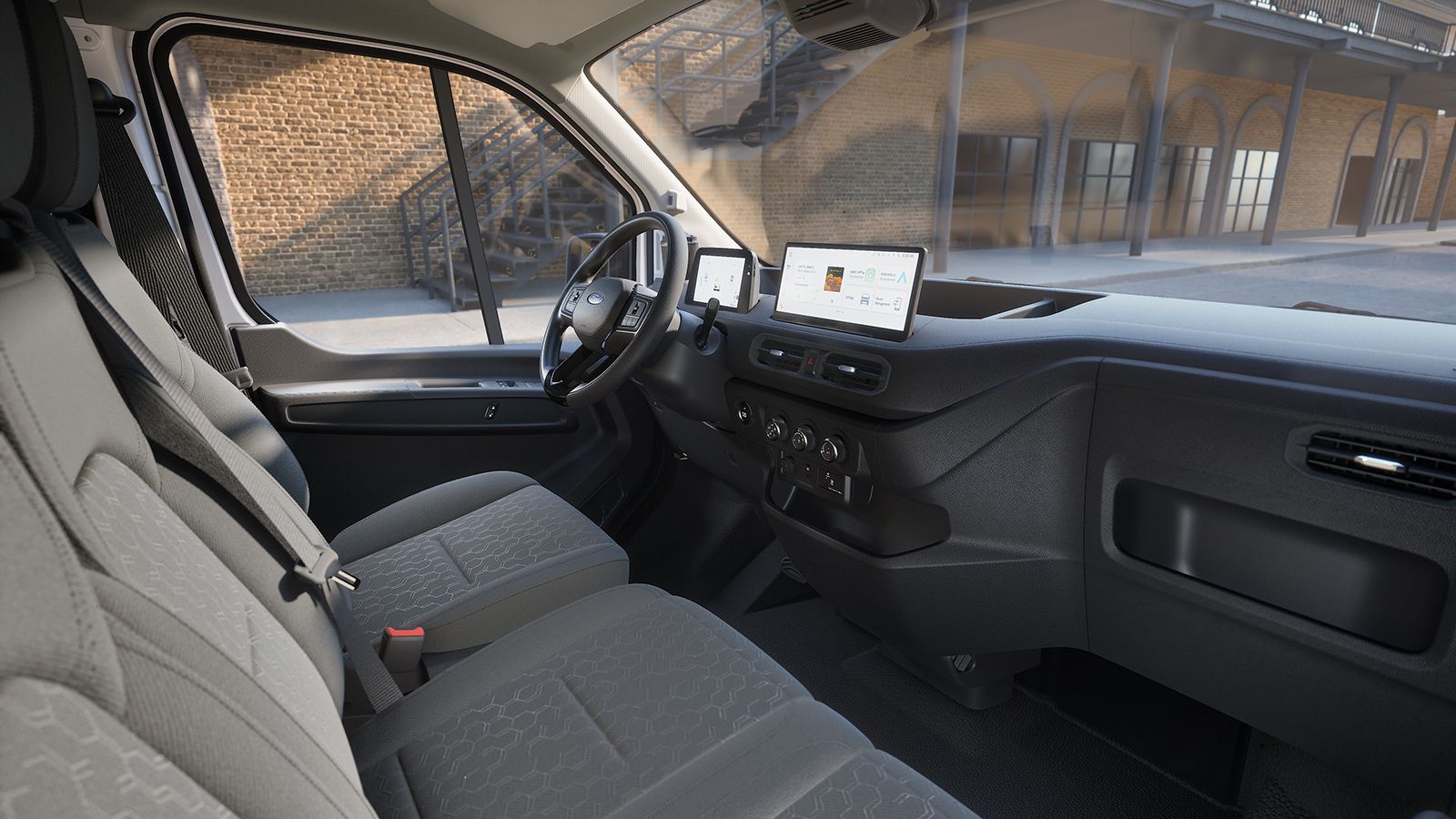 Καμπίνα Ford Transit City με ψηφιακό πίνακα οργάνων και κεντρική οθόνη αφής.