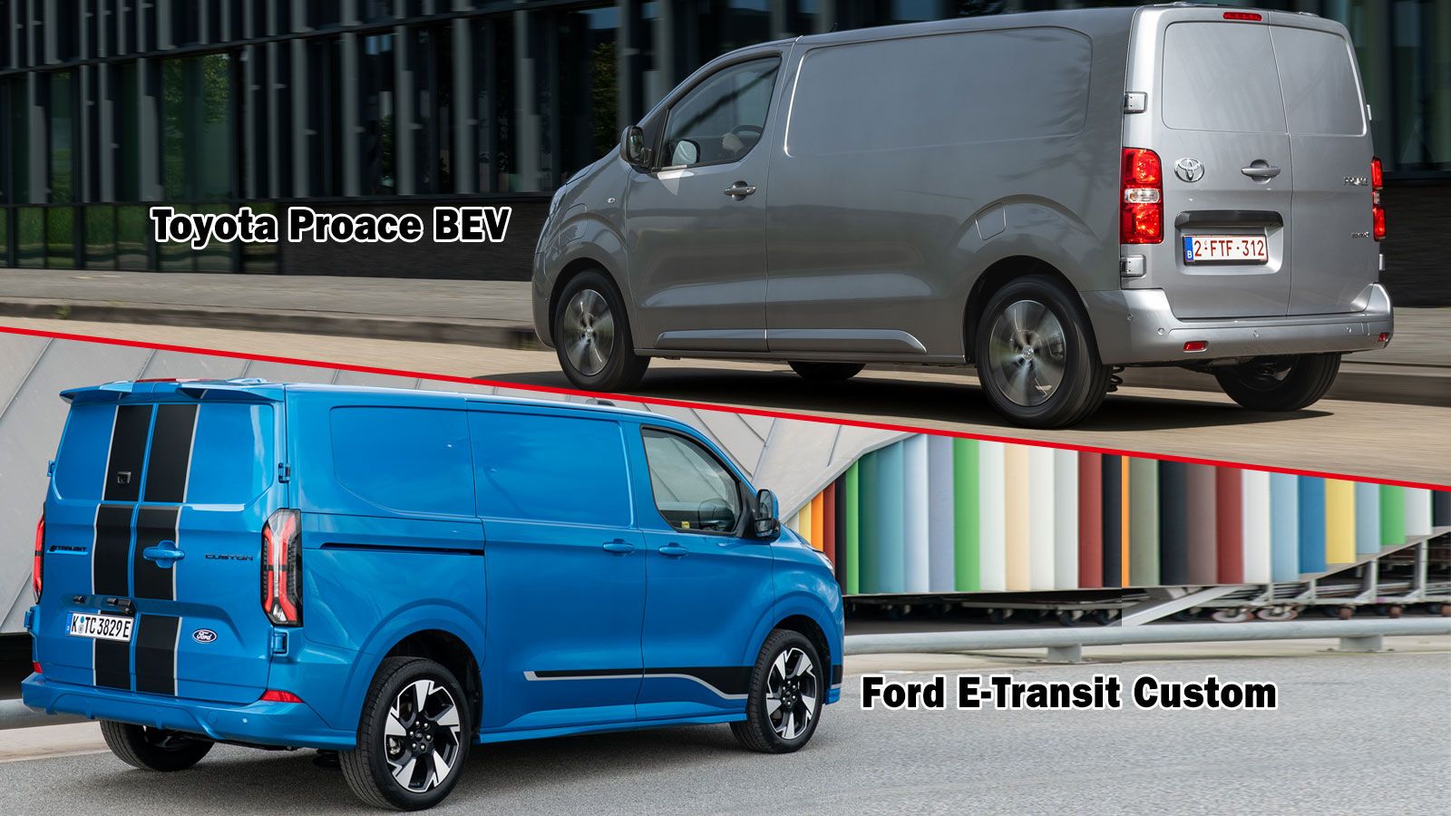 Ford E-Transit Custom σε στάση, Toyota Proace BEV σε κίνηση