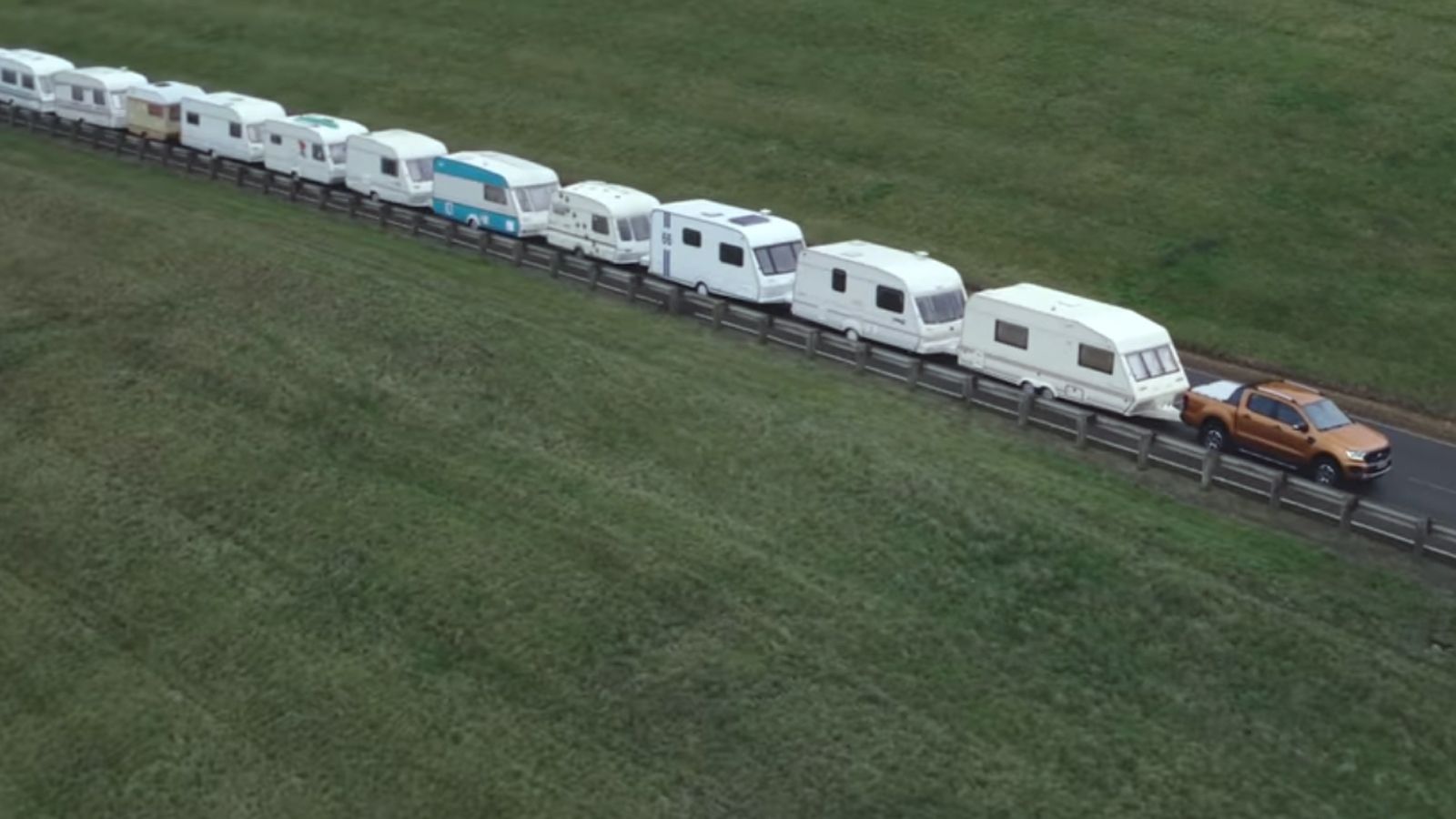 Όχι ένα ή δύο αλλά 15 τροχόσπιτα συνολικού βάρους 20t. κατάφερε να έλξει το νέο Ford Ranger, υπό αυστηρά ελεγχόμενες συνθήκες φυσικά!