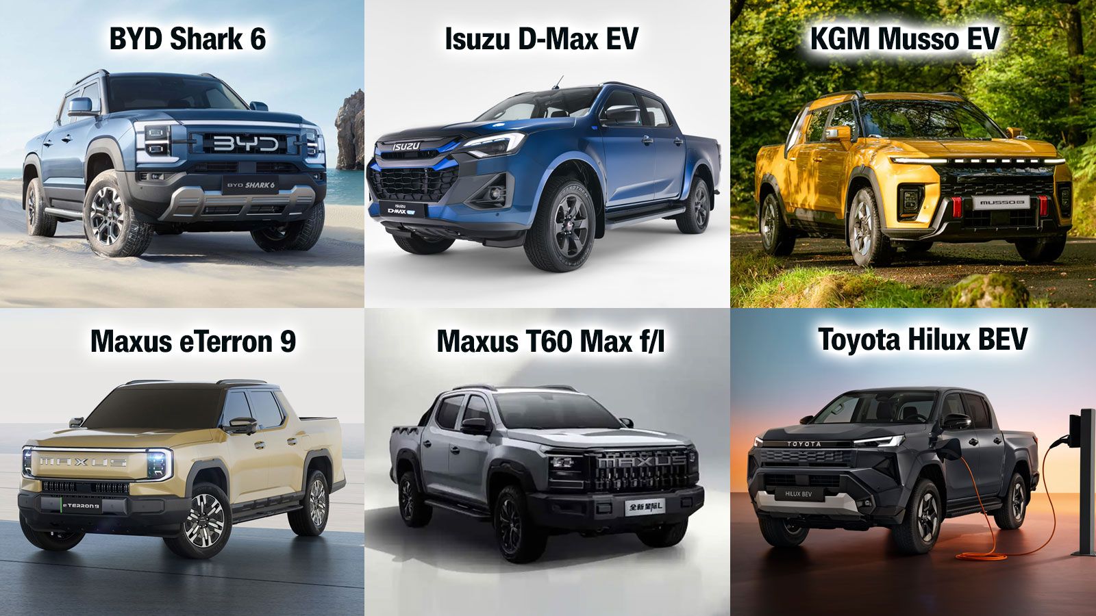 Mix �� ������� ��� �� BYD Shark 6, Isuzu D-Max EV, KGM Musso EV, Maxus eTerron 9, Maxus T60 Max, Toyota Hilux BEV