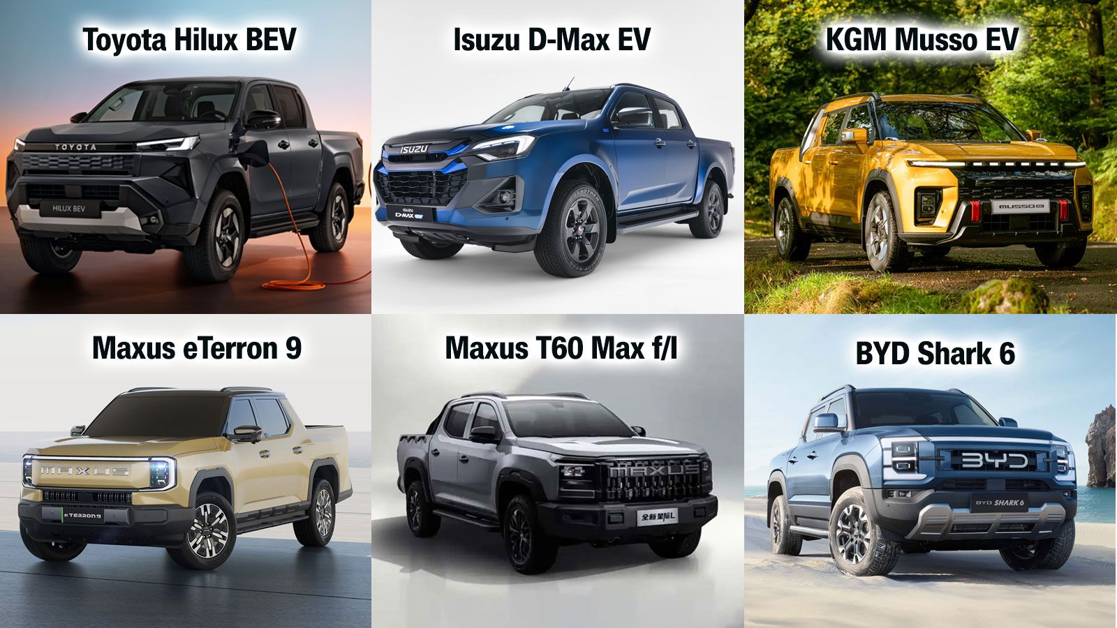 Mix με εικόνες από τα BYD Shark 6, Isuzu D-Max EV, KGM Musso EV, Maxus eTerron 9, Maxus T60 Max, Toyota Hilux BEV