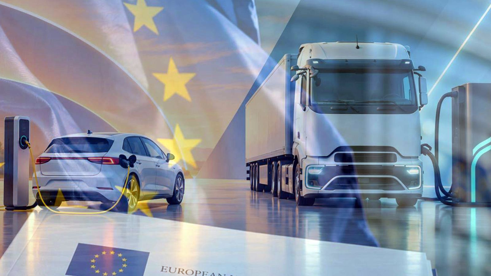 Σύνθεση με ηλεκτρικό αυτοκίνητο και φορτηγό δίπλα σε φορτιστές, με φόντο τη σημαία της Ευρωπαϊκής Ένωσης.