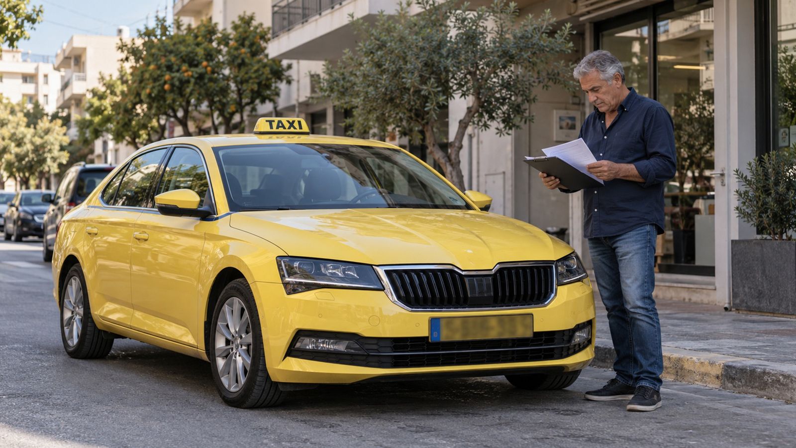 Επαγγελματίας δίπλα σε κίτρινο ταξί εξετάζει έγγραφα σε φάκελο, σε καθημερινό αστικό περιβάλλον.