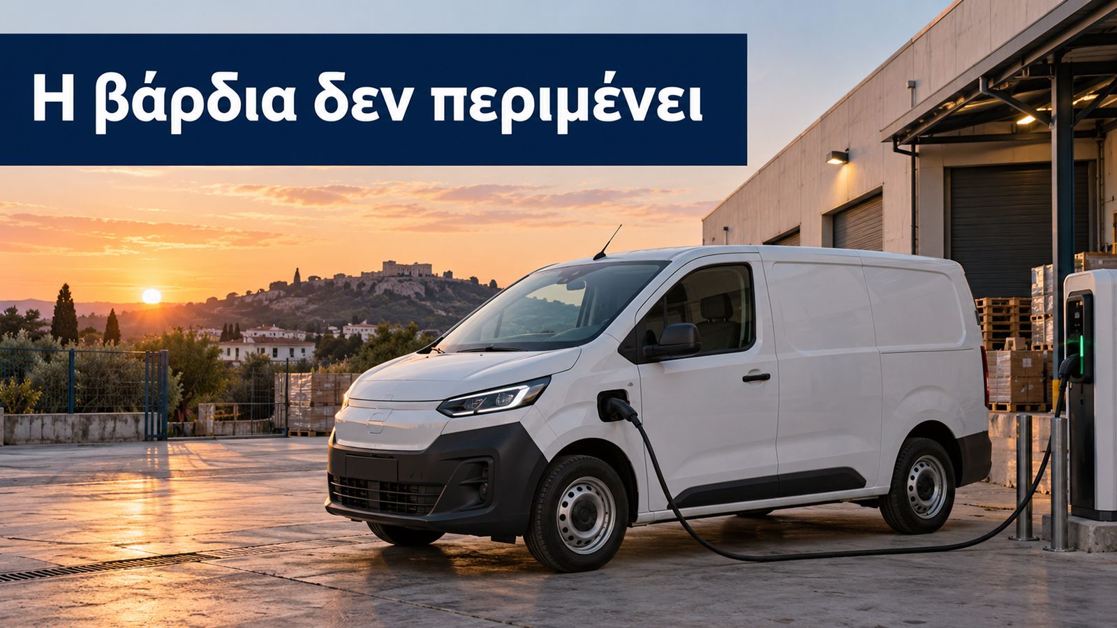 Εικαστική απεικόνιση ηλεκτρικού Van που φορτίζει έξω από αποθήκη, με τίτλο «Η βάρδια δεν περιμένει».