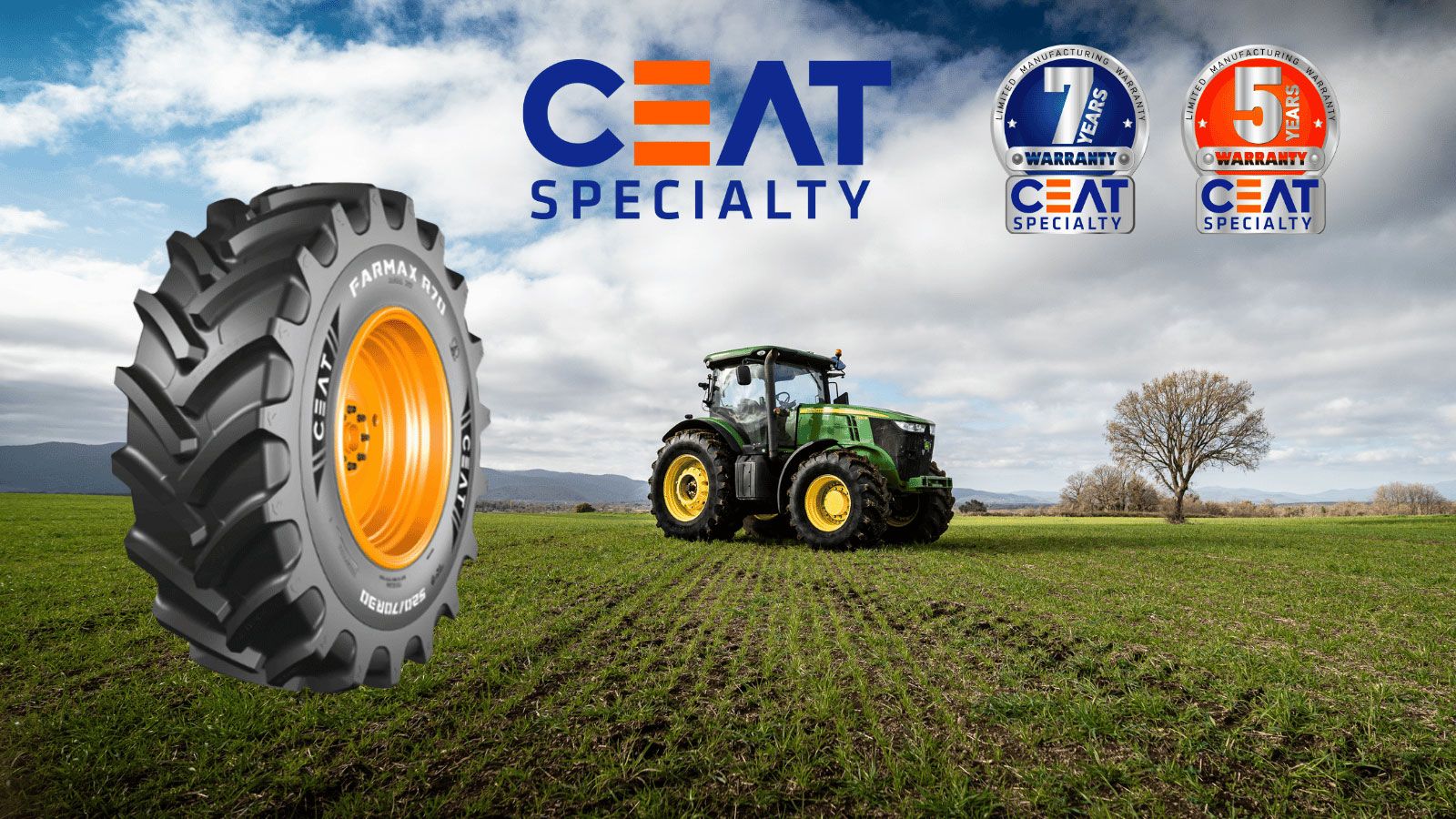 Αγροτικό τρακτέρ με ελαστικά CEAT FARMAX σε εργασία στο χωράφι.