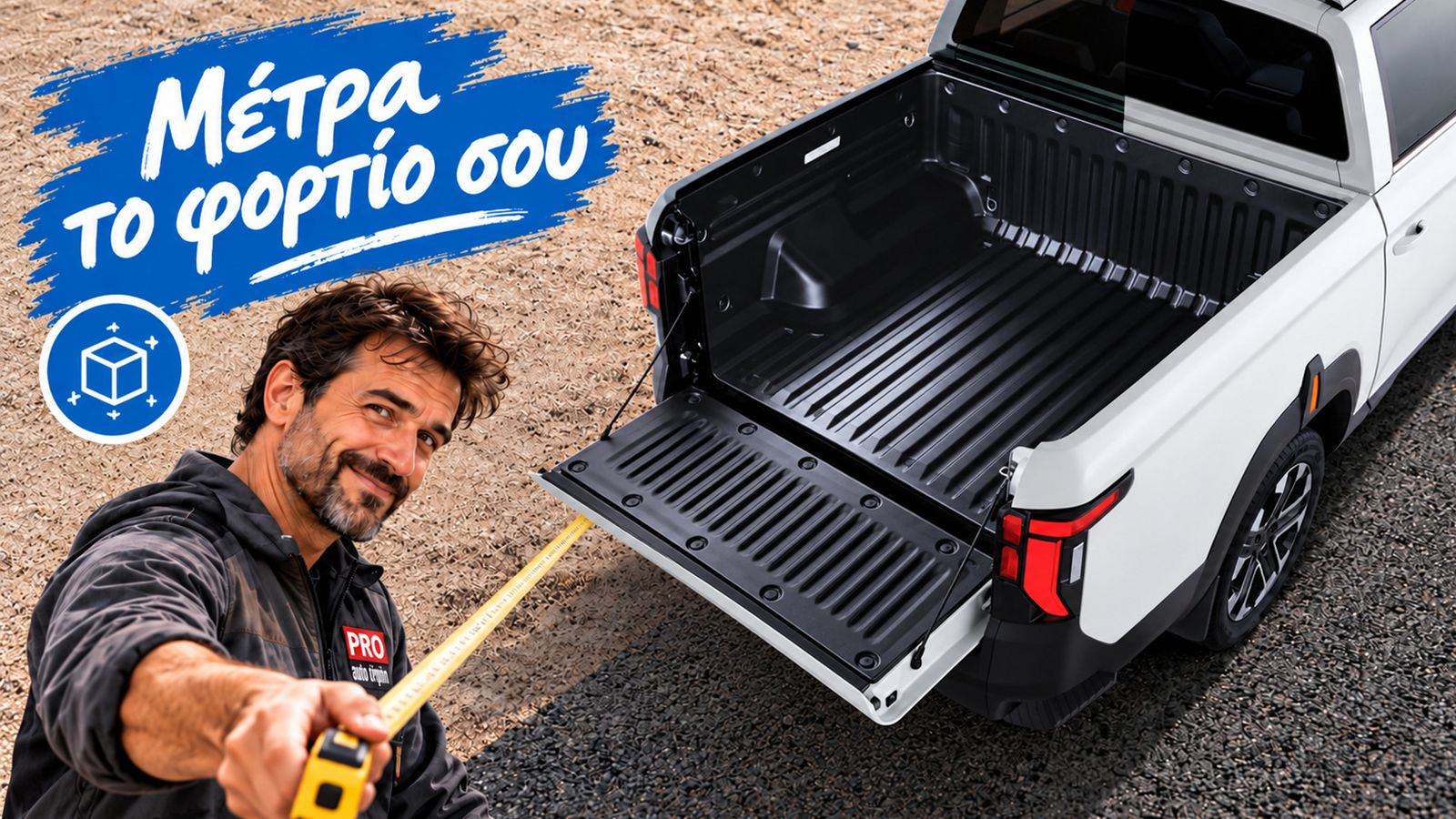 Ανοιχτή καρότσα KGM Musso από ψηλά, με κατεβασμένη πίσω πόρτα, τον PRO Expert και σύμβολο κιβωτίου.