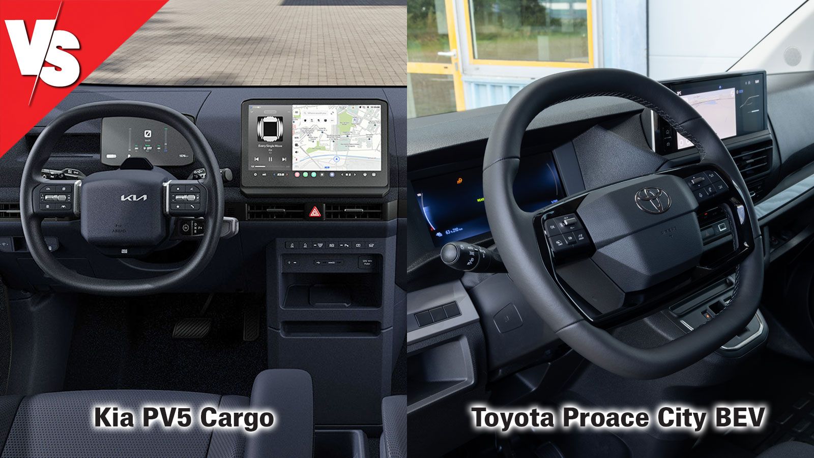 Μίξη εικόνων Kia PV5 Cargo & Toyota Proace City BEV: εσωτερικό καμπίνας επιβατών