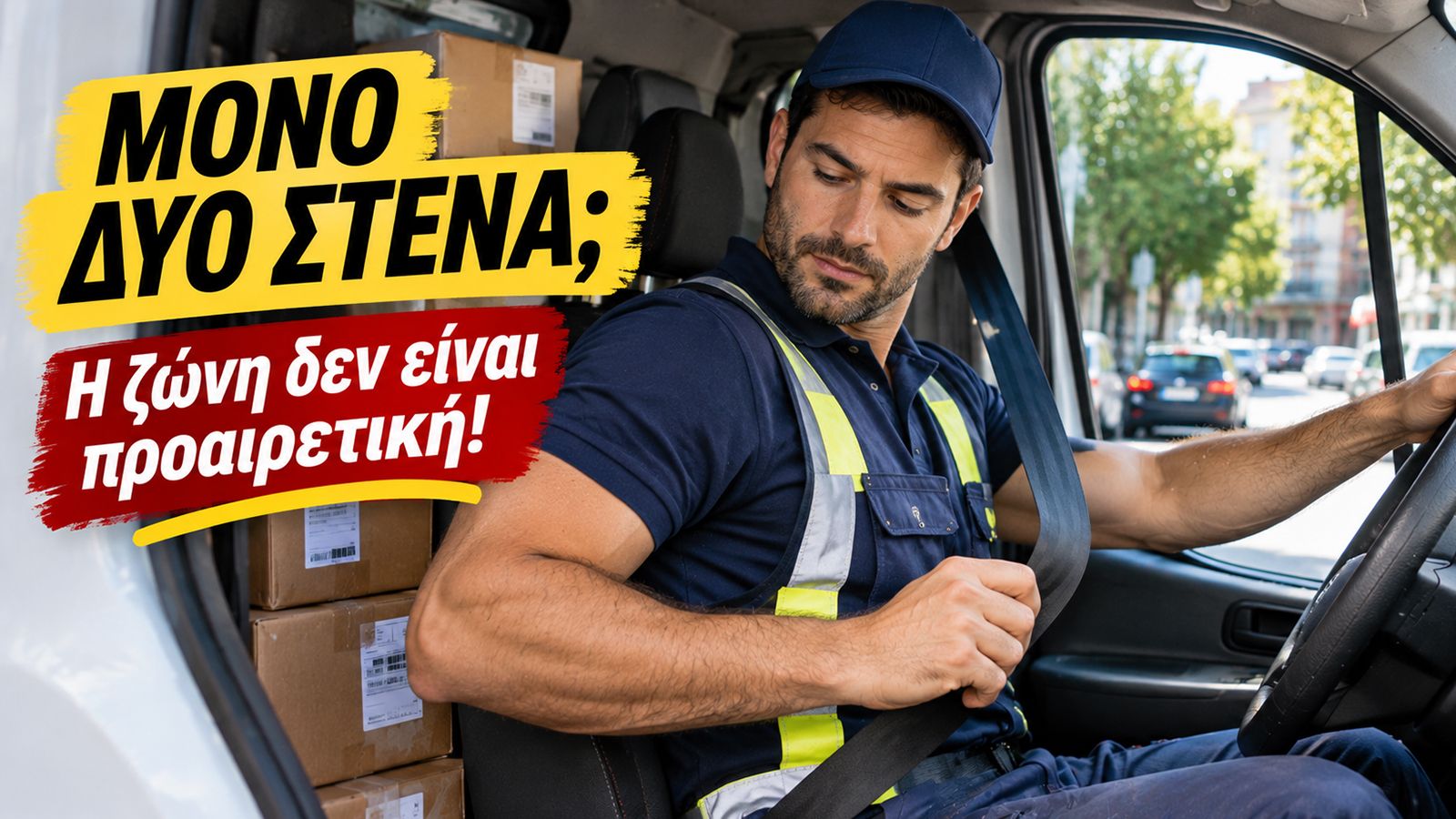 Επαγγελματίας οδηγός κάθεται στο εσωτερικό Van και τραβά τη ζώνη ασφαλείας για να την κουμπώσει πριν ξεκινήσει.