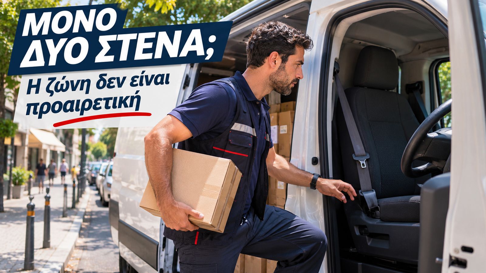 Διανομέας με δέμα ετοιμάζεται να μπει σε λευκό επαγγελματικό Van σε αθηναϊκό δρόμο, με τη ζώνη ασφαλείας ορατή στο κάθισμα.