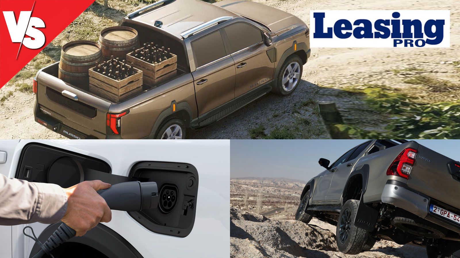 KGM Musso Grand με φορτωμένη καρότσα, Ford Ranger και Toyota Hilux εκτός δρόμου.
