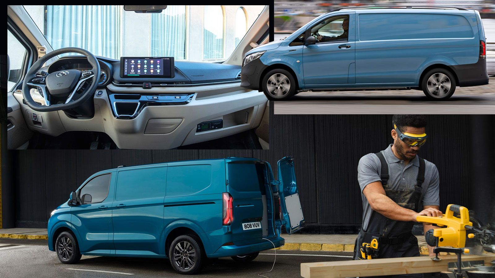 Ford E-Transit Custom με ανοιχτές πίσω πόρτες, καμπίνα οδηγού, φόρτιση και επαγγελματία σε χώρο εργασίας.