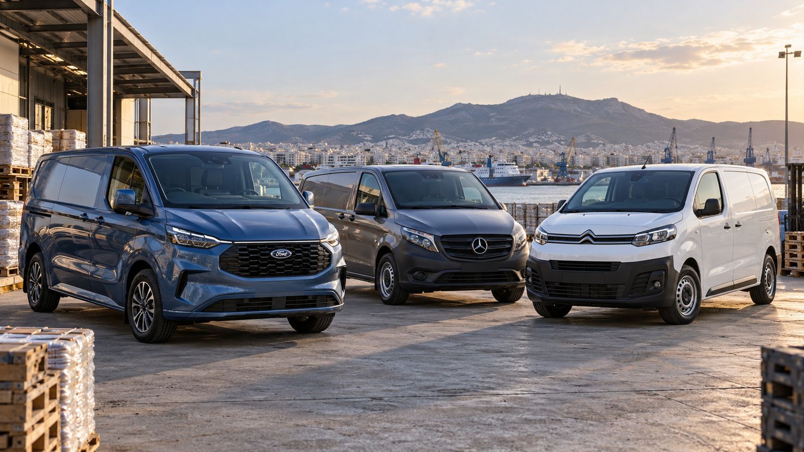 Εικονογράφηση Transit Custom, Vito και Jumpy σε κοινό επαγγελματικό χώρο.
