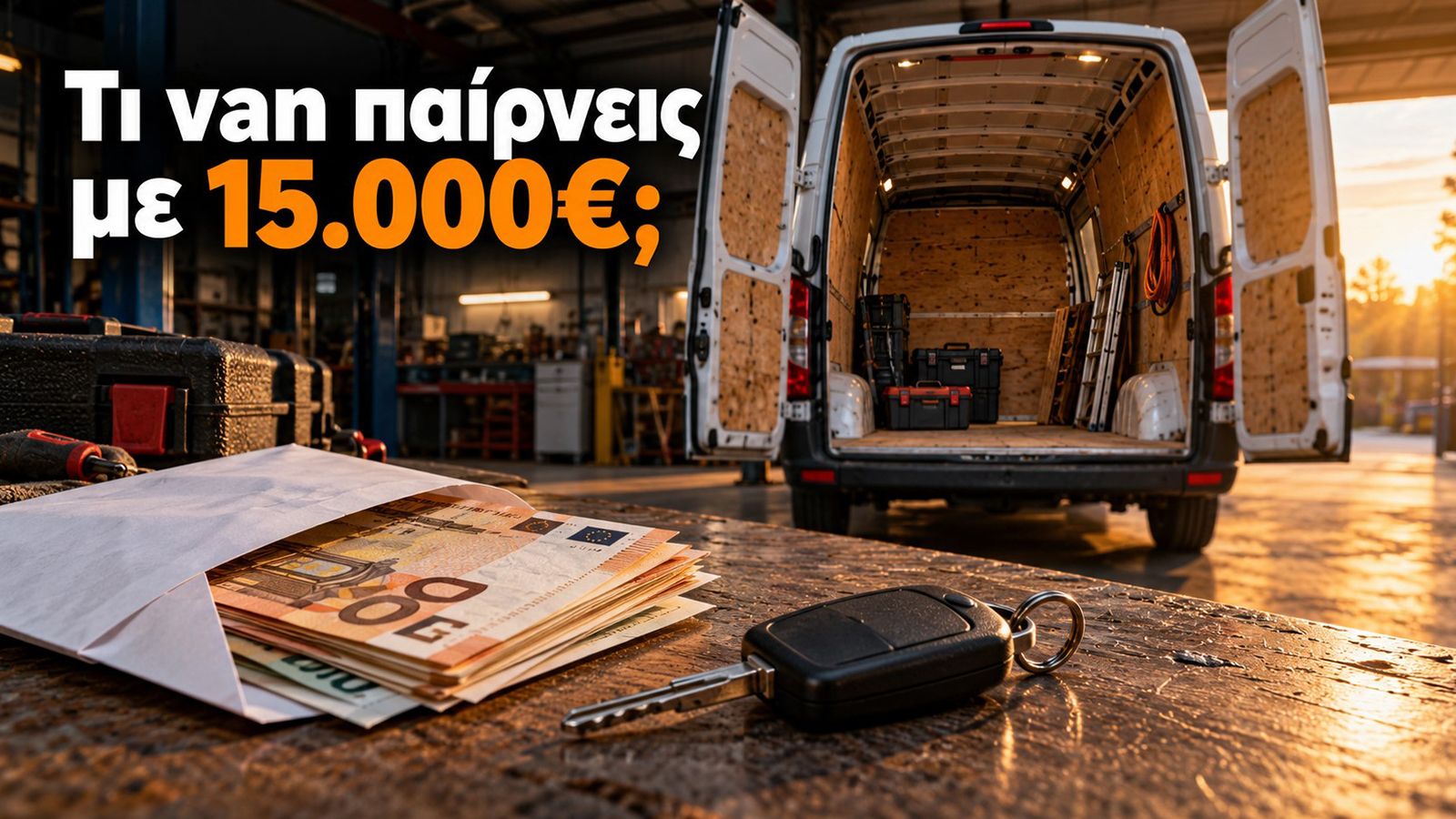 Μεγάλο Van με ανοιχτές πίσω πόρτες και εργαλεία, δίπλα σε χρήματα και κλειδί, με μήνυμα «Τι van παίρνεις με 15.000¤;»