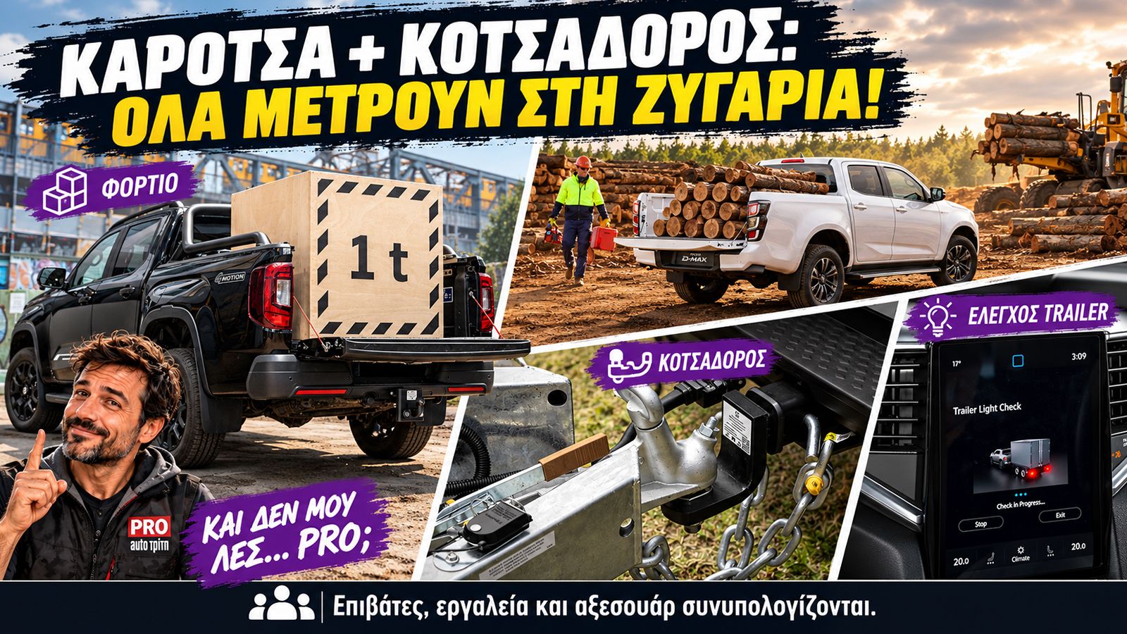 Σύνθεση με φορτωμένες καρότσες Volkswagen Amarok και Isuzu D-Max, σύνδεση κοτσαδόρου και οθόνη ελέγχου φώτων τρέιλερ.