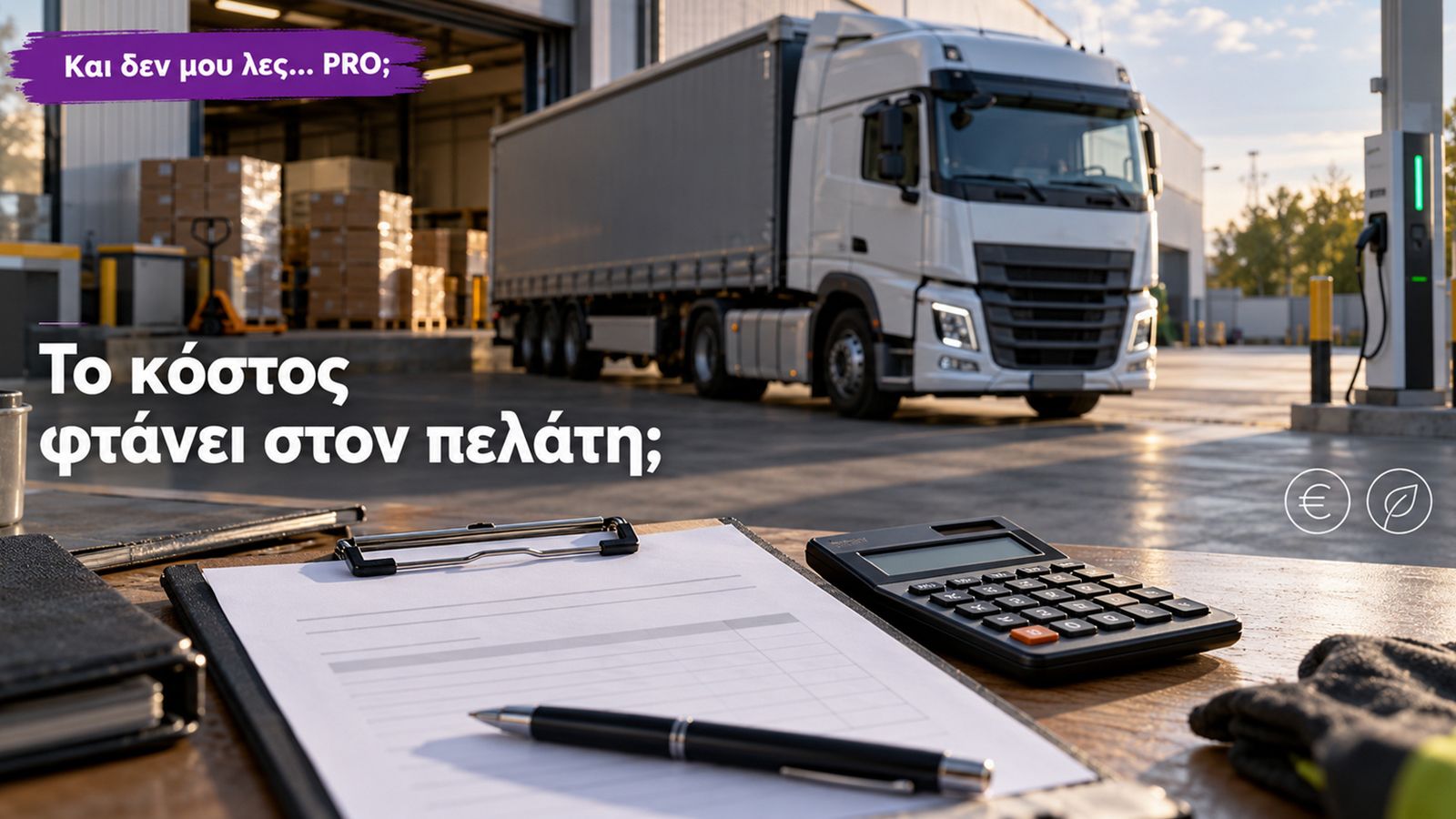 Εικονογραφική σύνθεση προσφοράς μεταφοράς και αριθμομηχανής μπροστά από φορτηγό σε αποθήκη, με ερώτημα για τη χρέωση του πελάτη.