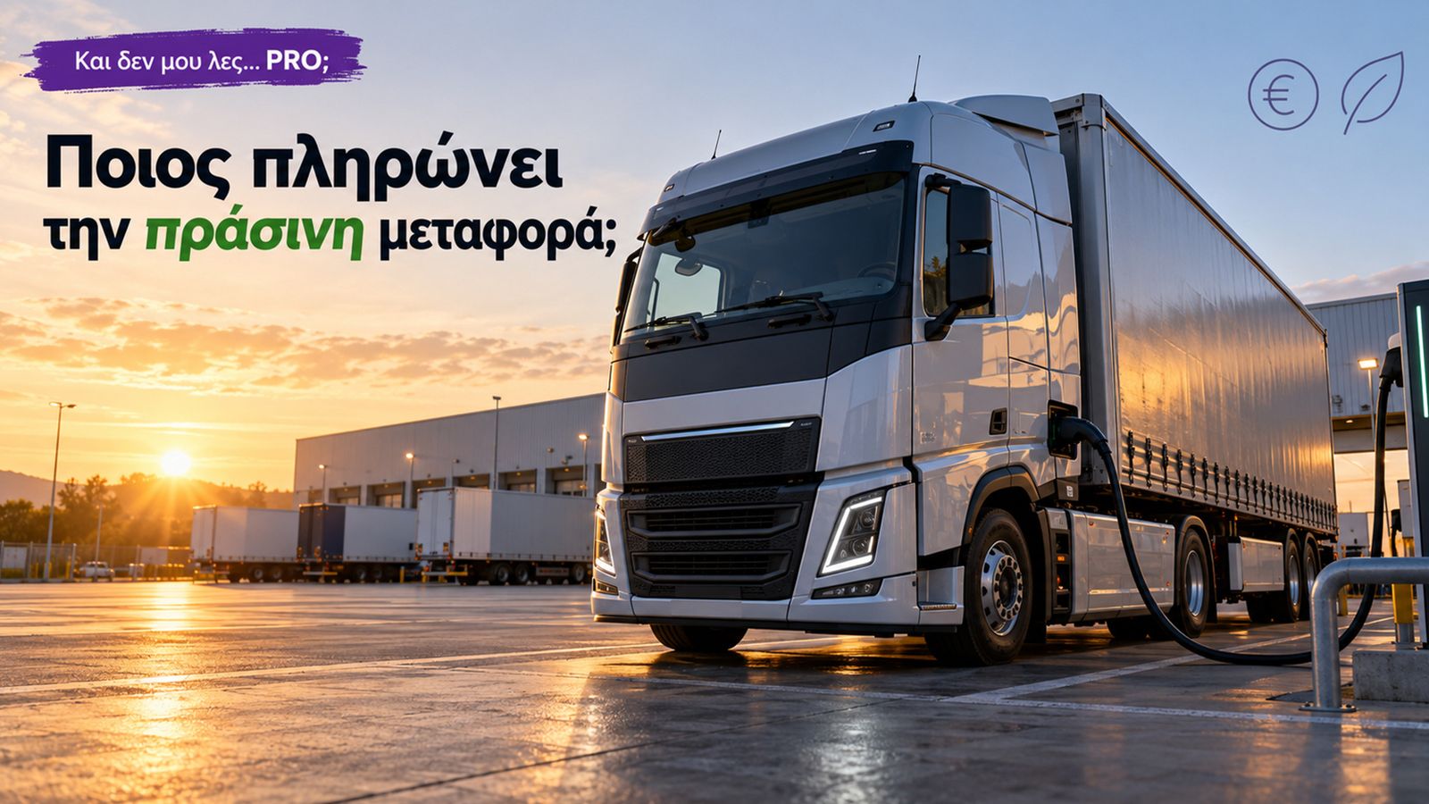 Εικονογραφική σύνθεση ηλεκτρικού φορτηγού σε φόρτιση σε βάση μεταφορών, με το ερώτημα ποιος πληρώνει την πράσινη μεταφορά.