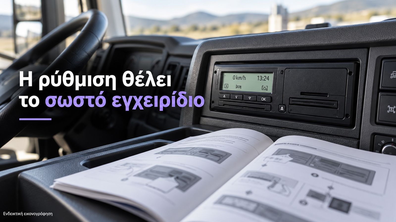 Ανοιχτό εγχειρίδιο μπροστά από ψηφιακό ταχογράφο, με μήνυμα «Η ρύθμιση θέλει το σωστό εγχειρίδιο».