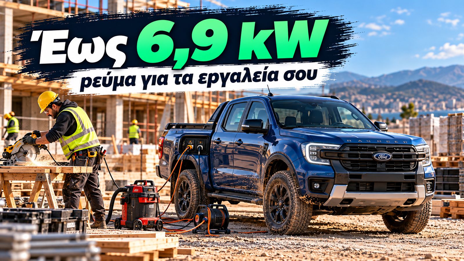Ford Ranger PHEV σε εργοτάξιο να τροφοδοτεί ηλεκτρικά εργαλεία με ισχύ έως 6,9 kW.