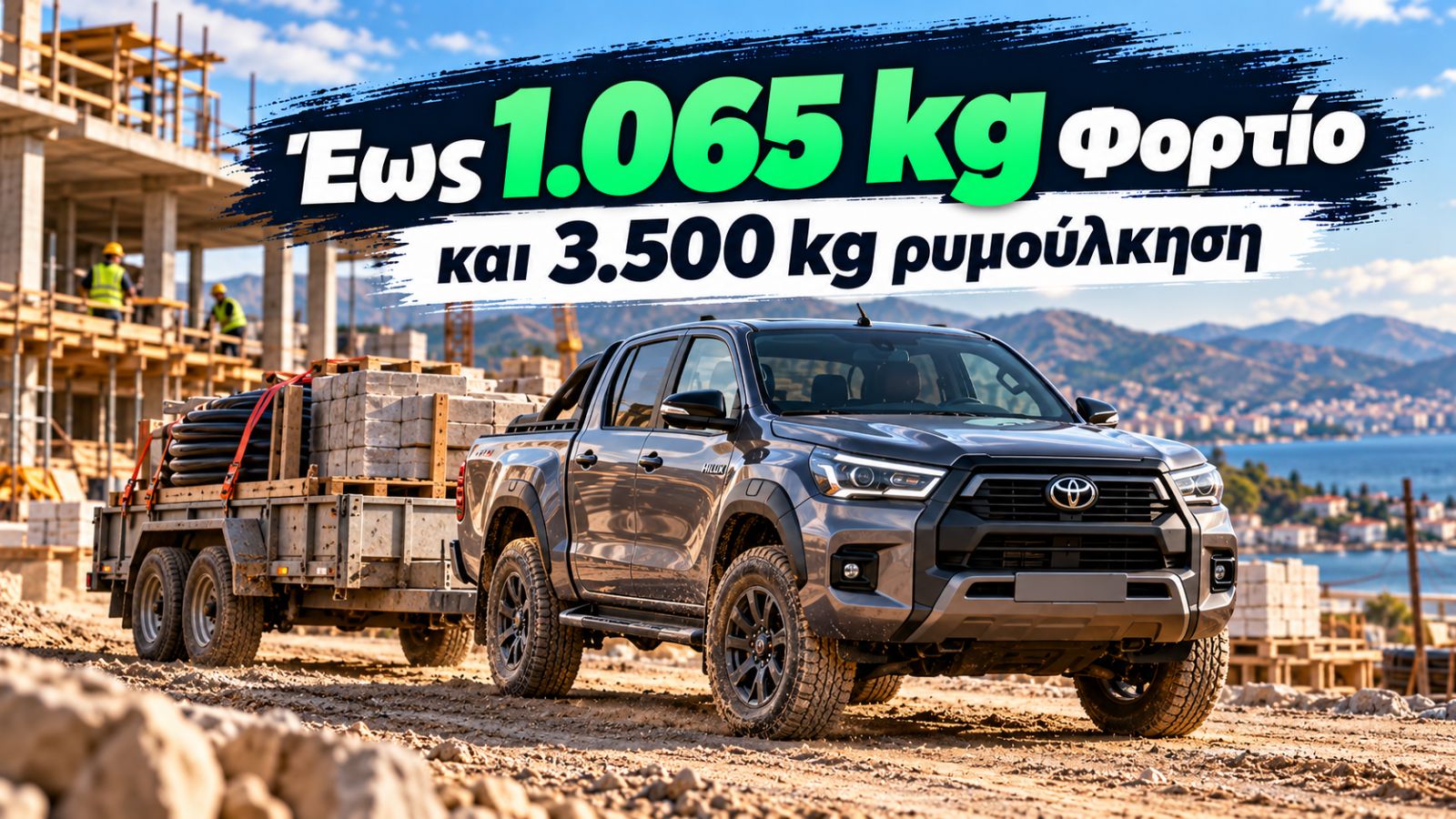 Toyota Hilux σε εργοτάξιο με τρέιλερ και ένδειξη έως 1.065 kg φορτίο και 3.500 kg ρυμούλκηση.