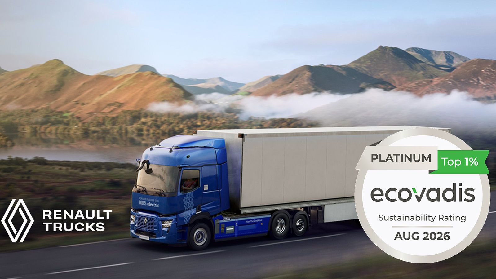 Μπλε ηλεκτρικό φορτηγό Renault Trucks στον δρόμο, με το σήμα EcoVadis Platinum 2026 και την ένδειξη Top 1%.