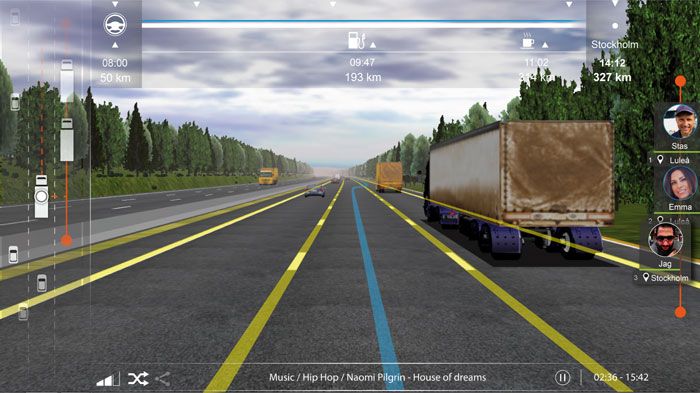 Ο νέος προσομοιωτής της Scania προσφέρει πολλαπλά οπτικά και ηχητικά σήματα στον οδηγό σε πραγματικό χρόνο στο παρμπρίζ του οχήματος.