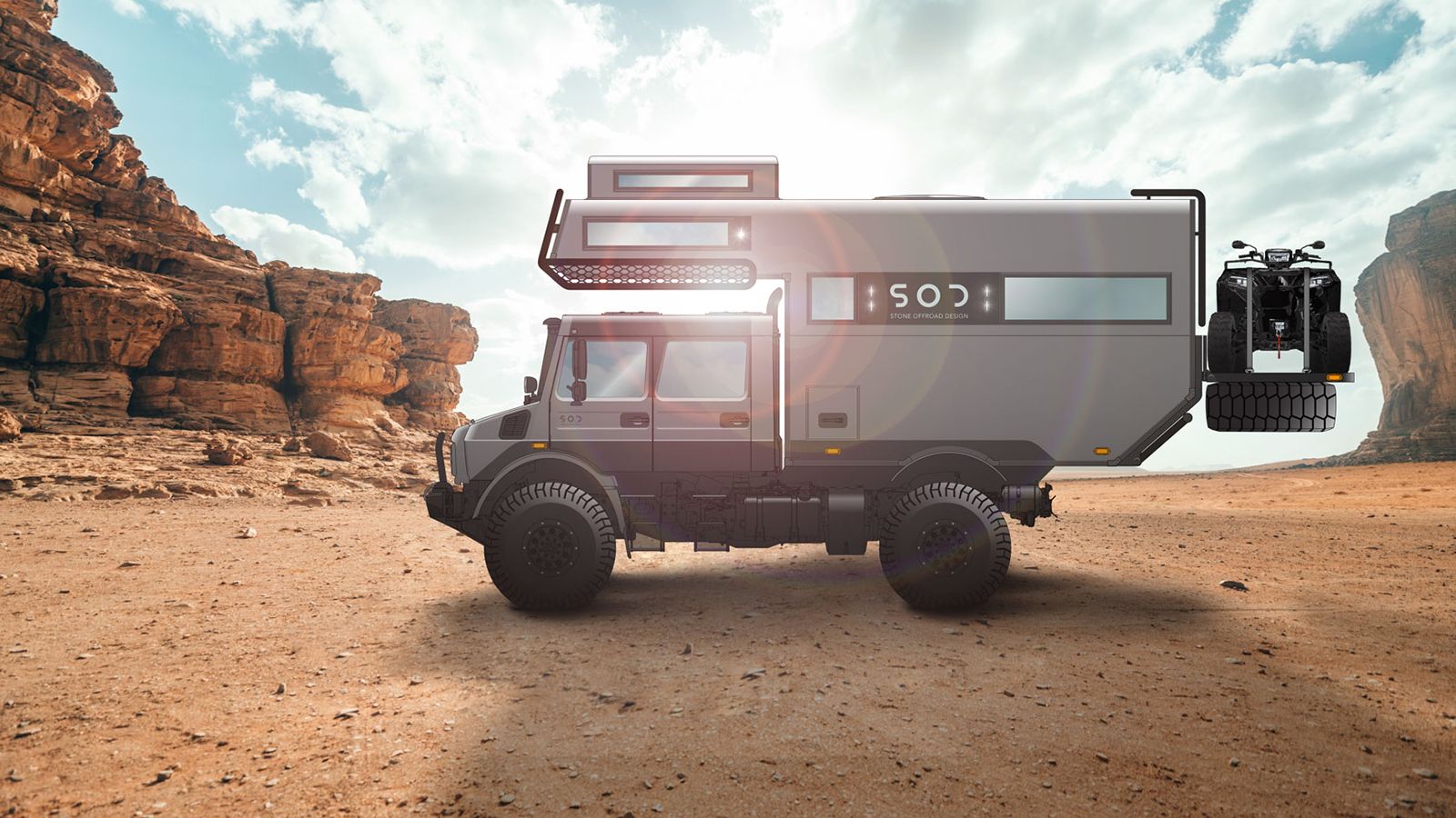 Η υπερκατασκευή του SOD Rise 4x4 είναι αφαιρούμενη, ώστε το όχημα να ξαναγίνει ένα κανονικό Mercedes-Benz Unimog.  
