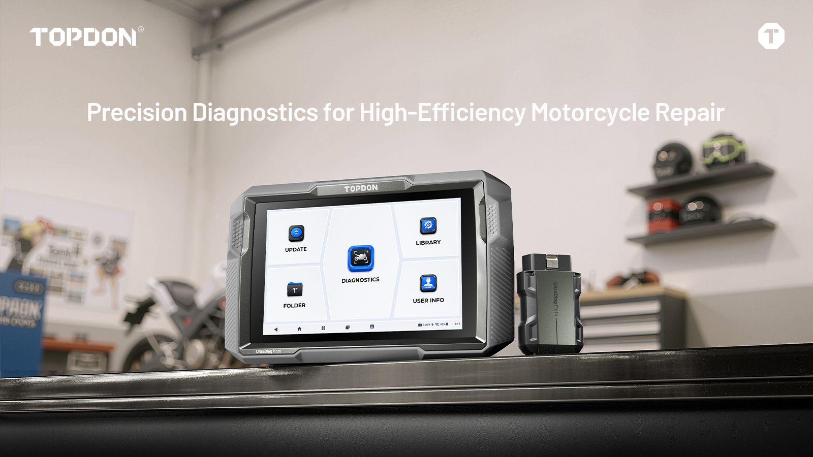 OBD διαγνωστικό μοτοσικλέτας TOPDON UltraDiag Moto σε συνεργείο, με οθόνη diagnostics, update και live data για πλήρη διάγνωση και service δικύκλων.