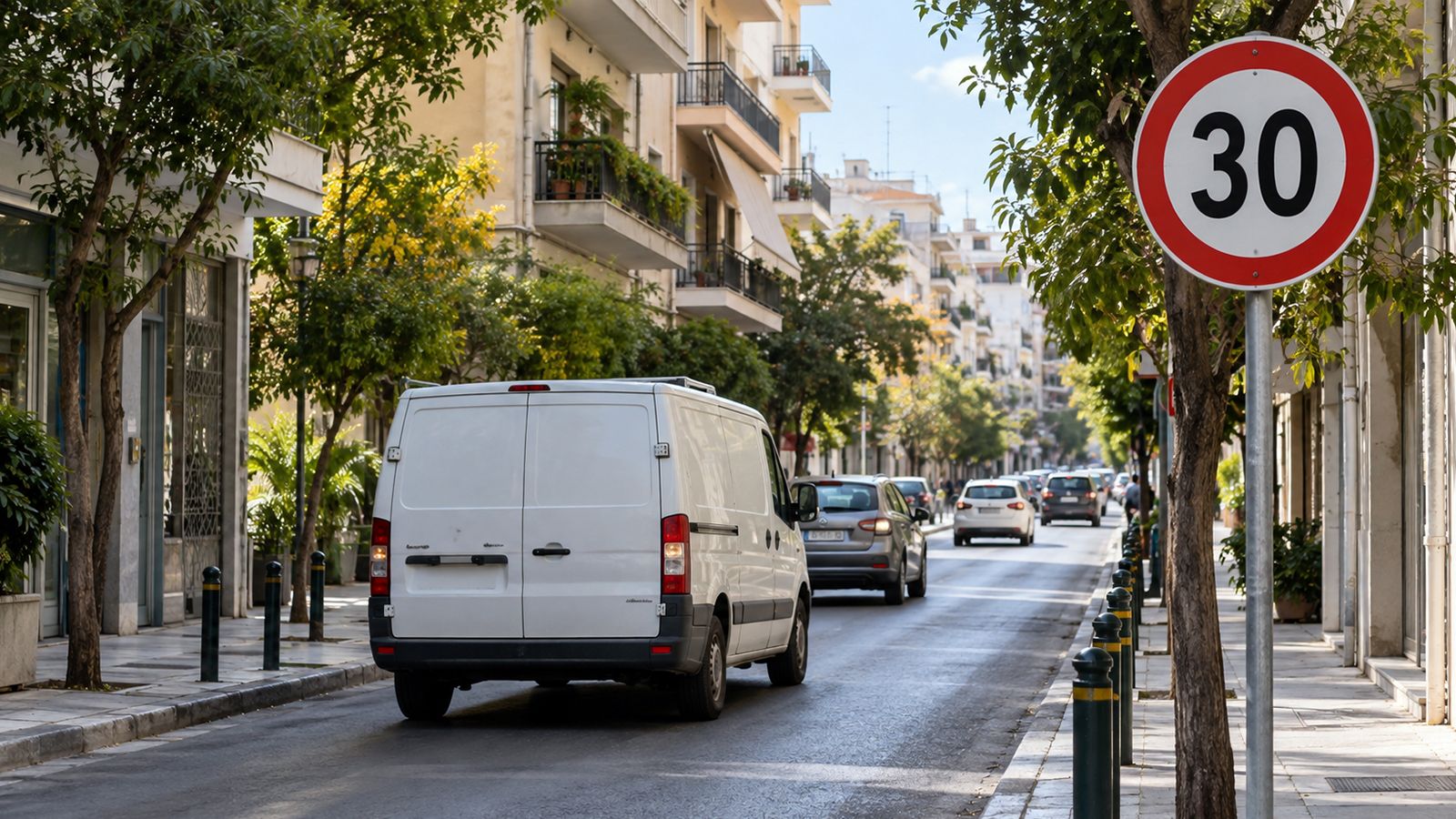 Λευκό επαγγελματικό Van κινείται σε αθηναϊκό δρόμο με πινακίδα ορίου 30 χλμ./ώρα και γραφικό για πρόστιμο 150 ευρώ.