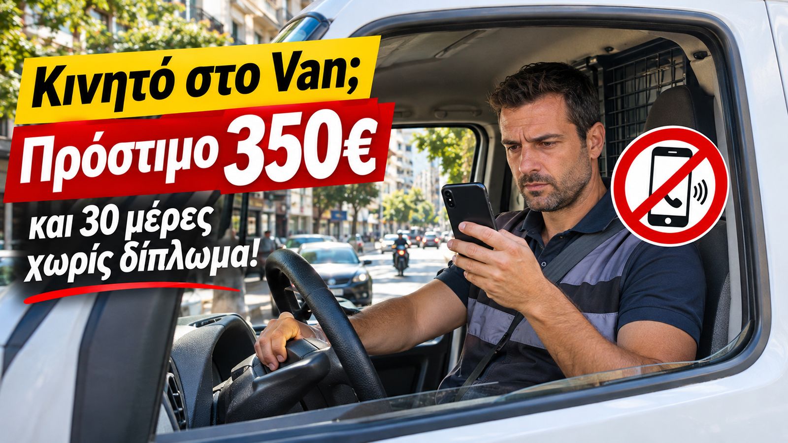 Επαγγελματίας οδηγός Van χρησιμοποιεί κινητό κατά την οδήγηση σε αθηναϊκό δρόμο, με γραφικό για πρόστιμο 350 ευρώ.