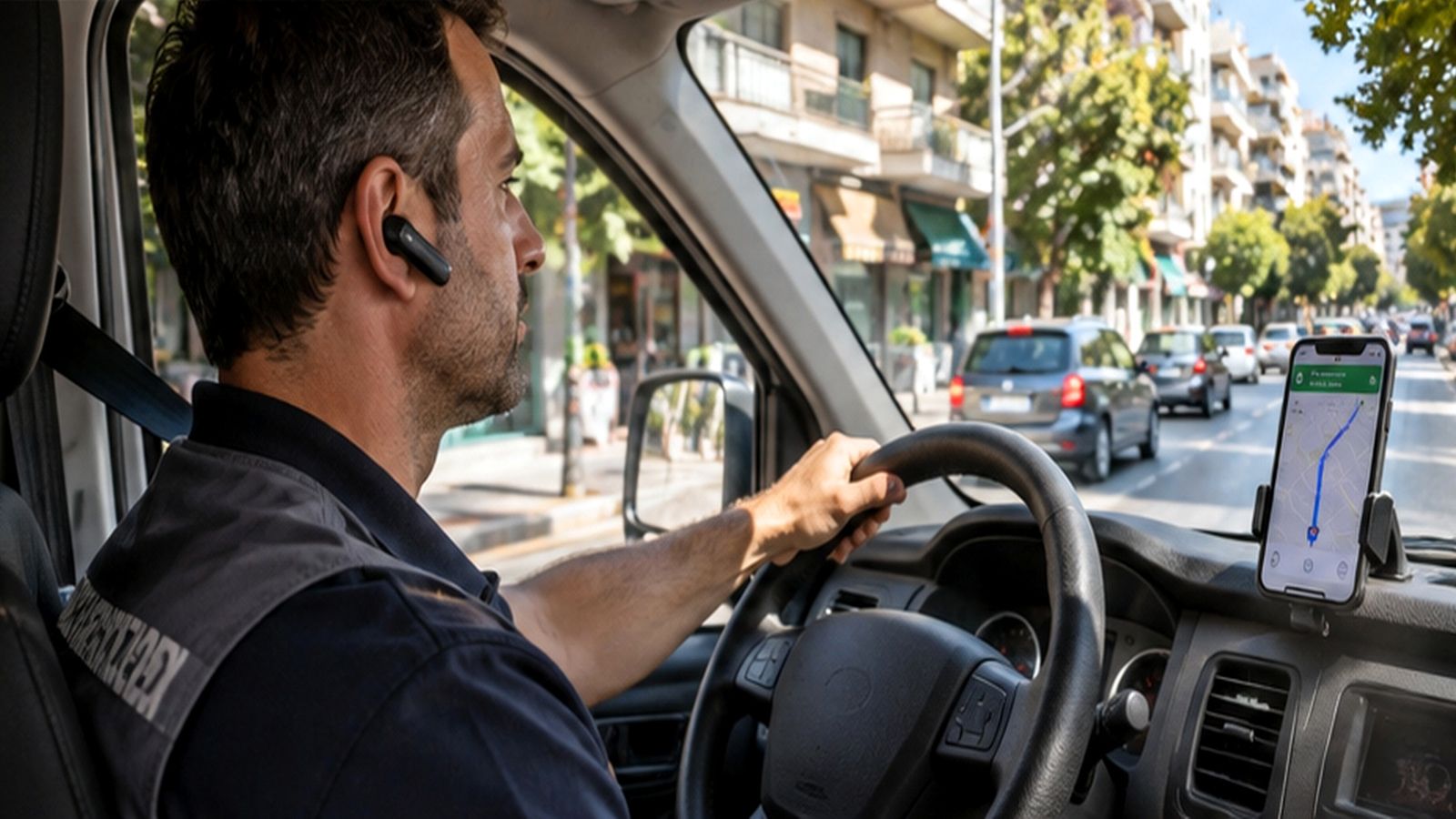 Εσωτερικό επαγγελματικού Van με κινητό σε σταθερή βάση GPS και οδηγό που χρησιμοποιεί ασύρματο Bluetooth.
