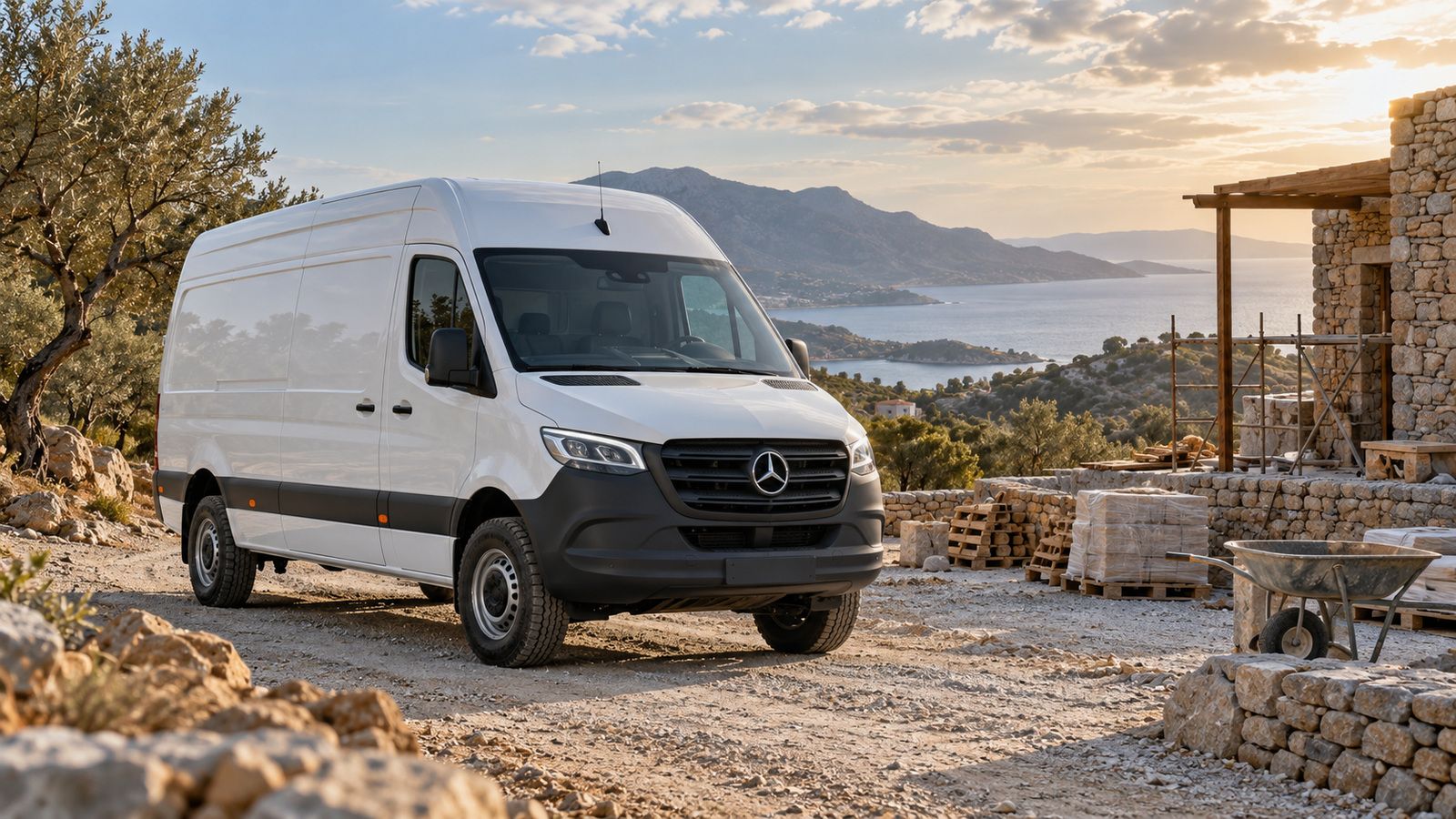 Εικονογράφηση Mercedes-Benz Sprinter σε χωμάτινη πρόσβαση επαγγελματικού χώρου.