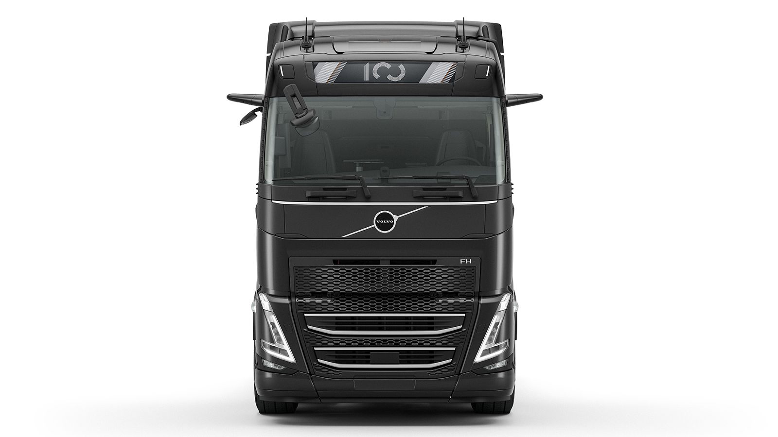 Μαύρο Volvo FH 100 Year Edition σε μετωπική όψη