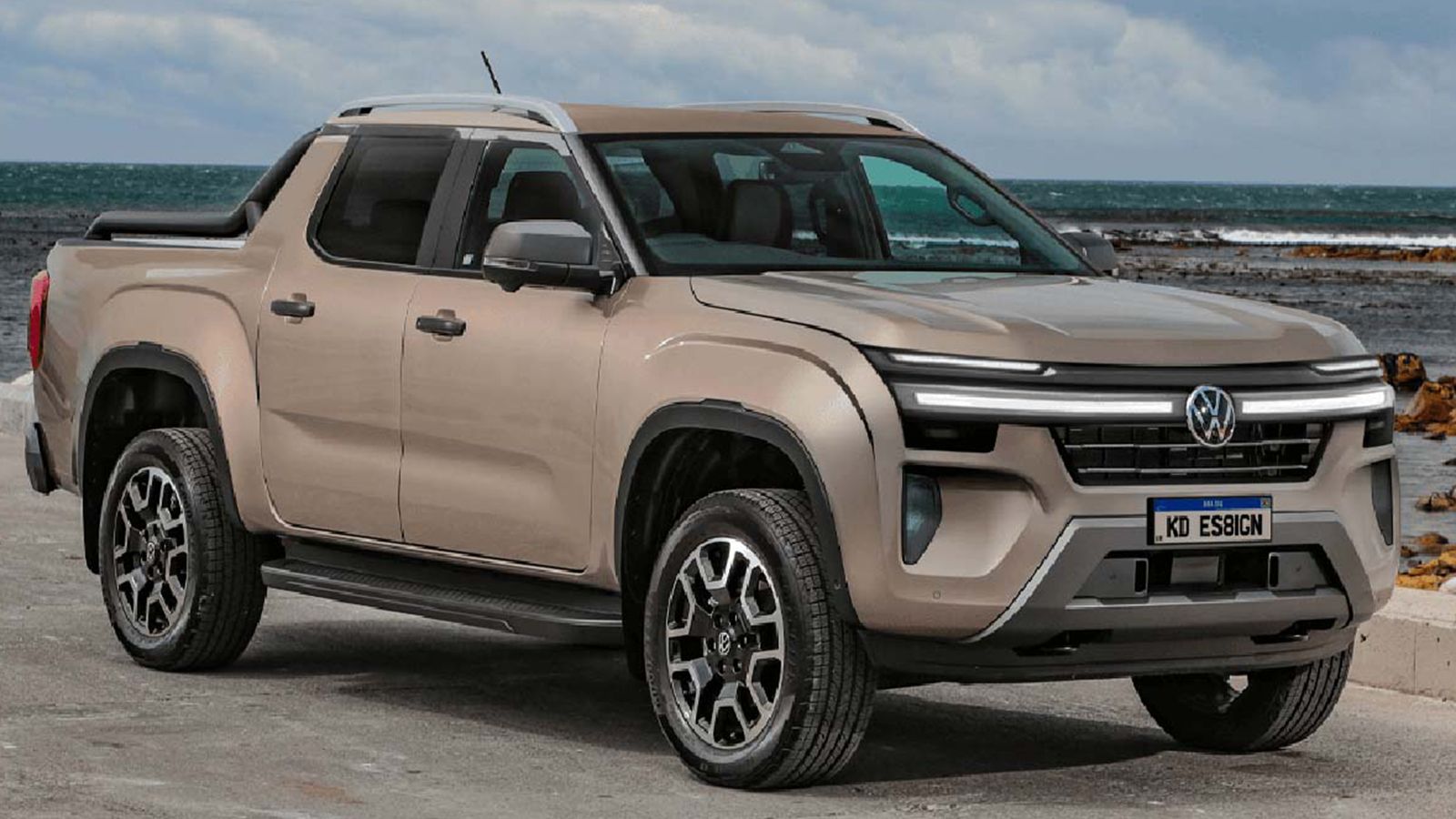 VW Amarok 2027: σχέδιο πρωτότυπο οχήματος Pick-Up με το λογότυπο της VW, εμπρός όψη